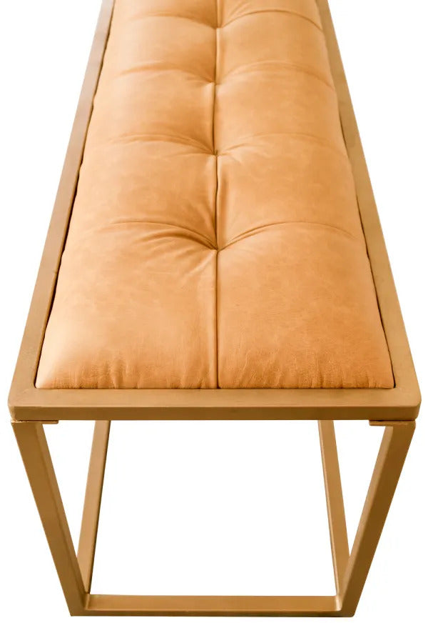 43" Gold And Brown Upholstered Genuine Leather Bench