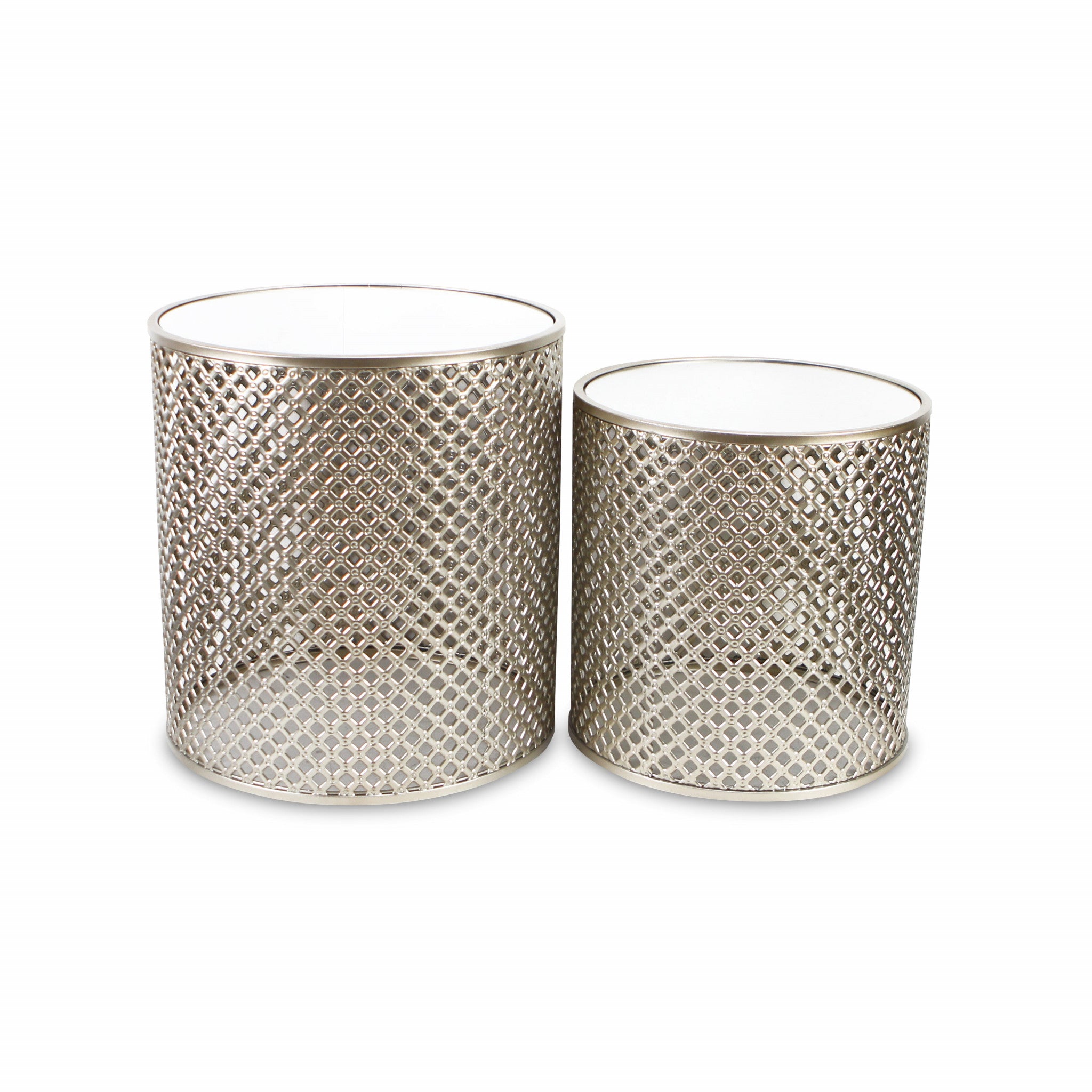 Set Of Two 21" Silver And White Mirrored And Steel Round Nested Tables