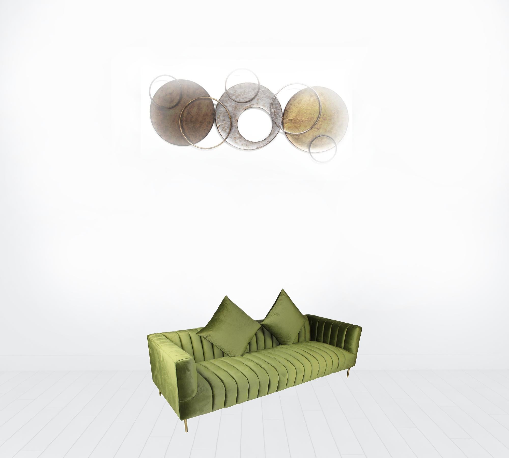 90" Moss Green Velvet And Gold Sofa With Two Toss Pillows