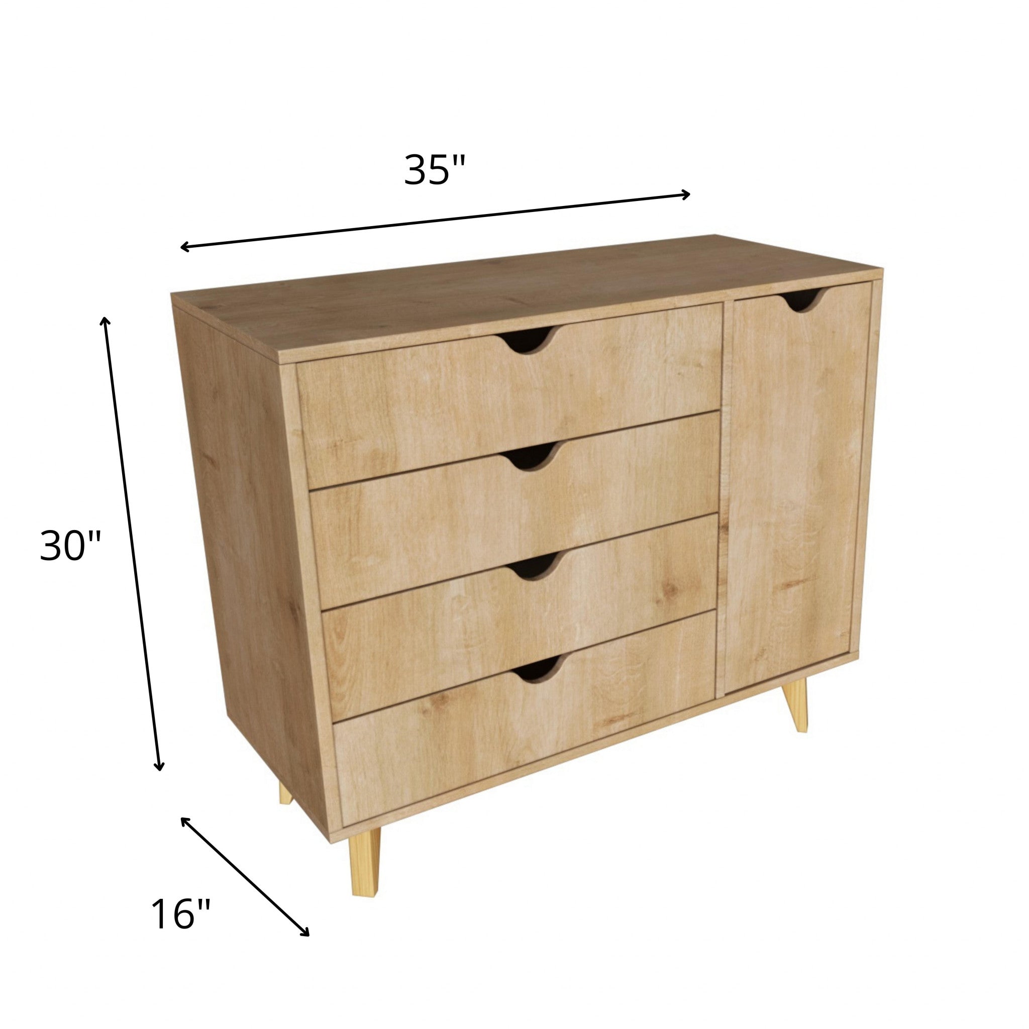 Natural Solid Wood Four Drawer Combo Dresser 35"