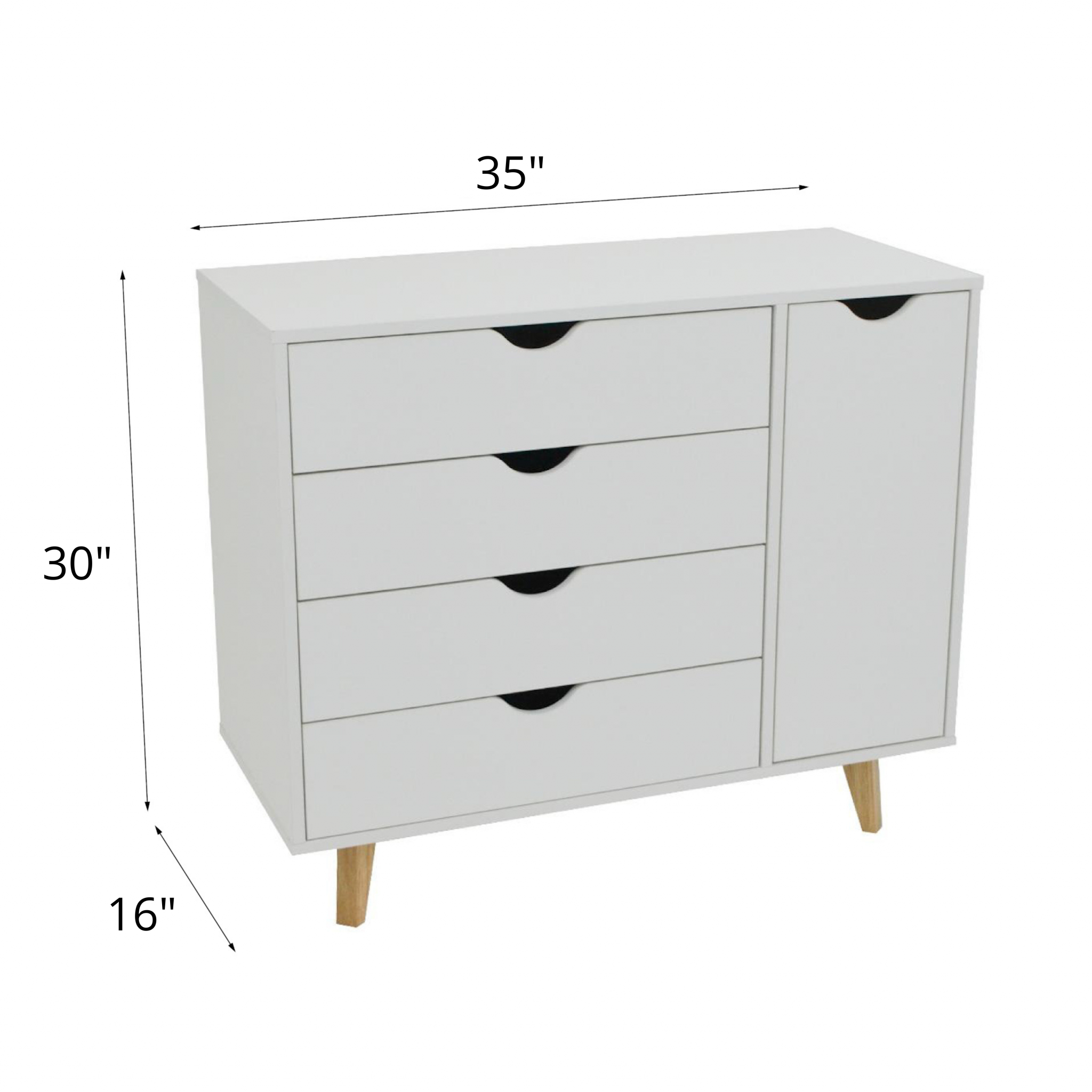 White Solid Wood Four Drawer Combo Dresser 35"