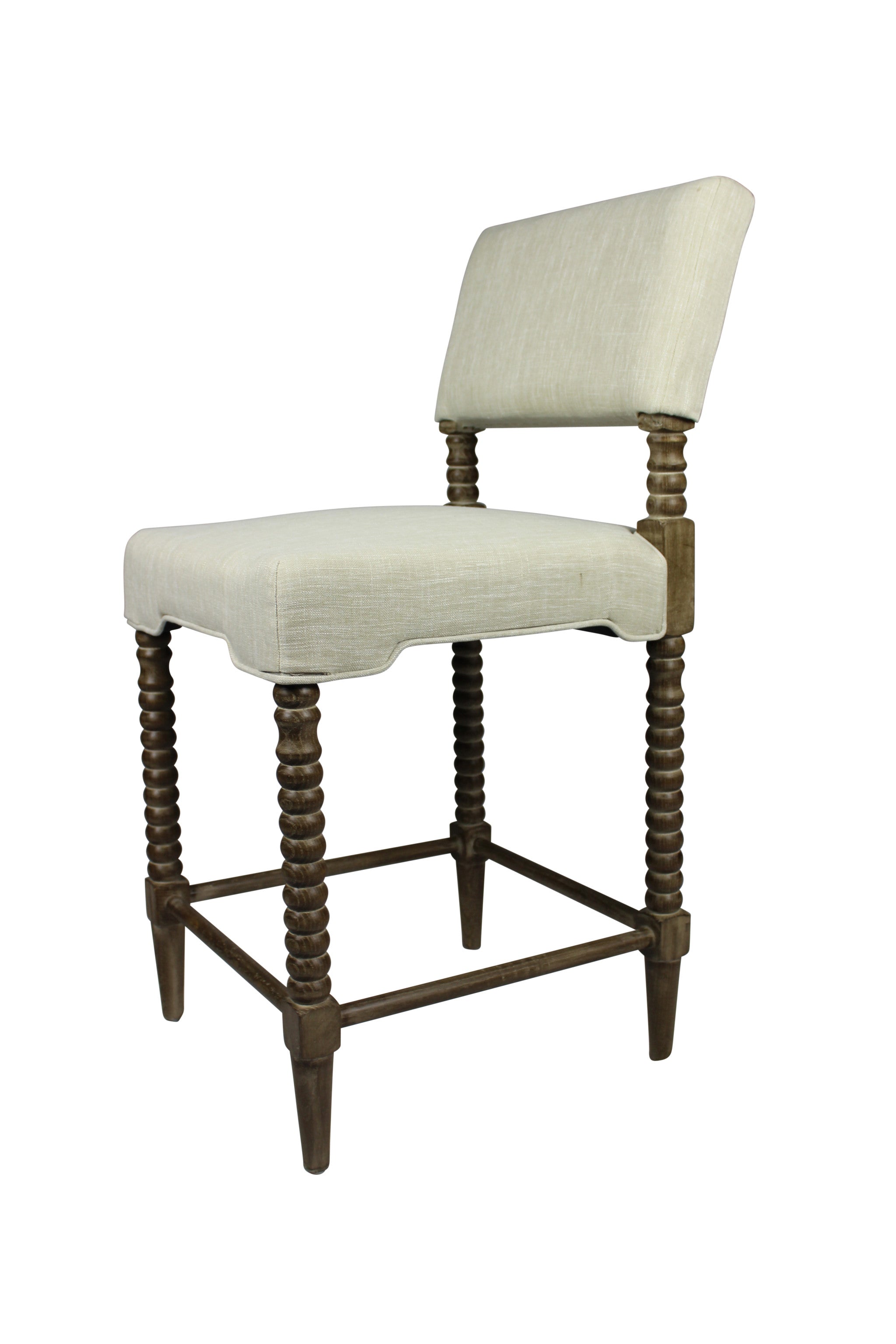 41" Brown Carved Wood and Ivory Woven Upholstered Counter Height Bar Chair