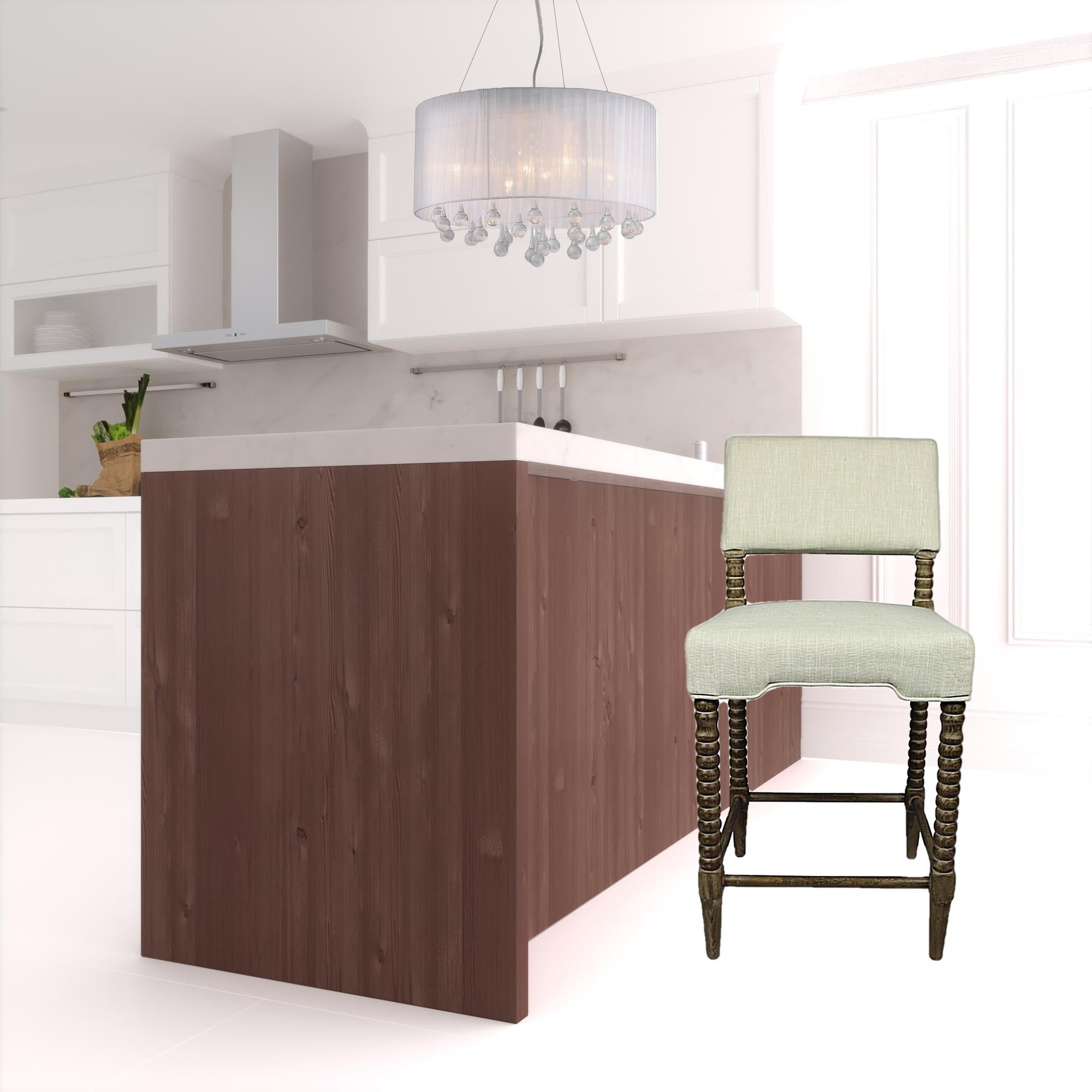 41" Brown Carved Wood and Ivory Woven Upholstered Counter Height Bar Chair