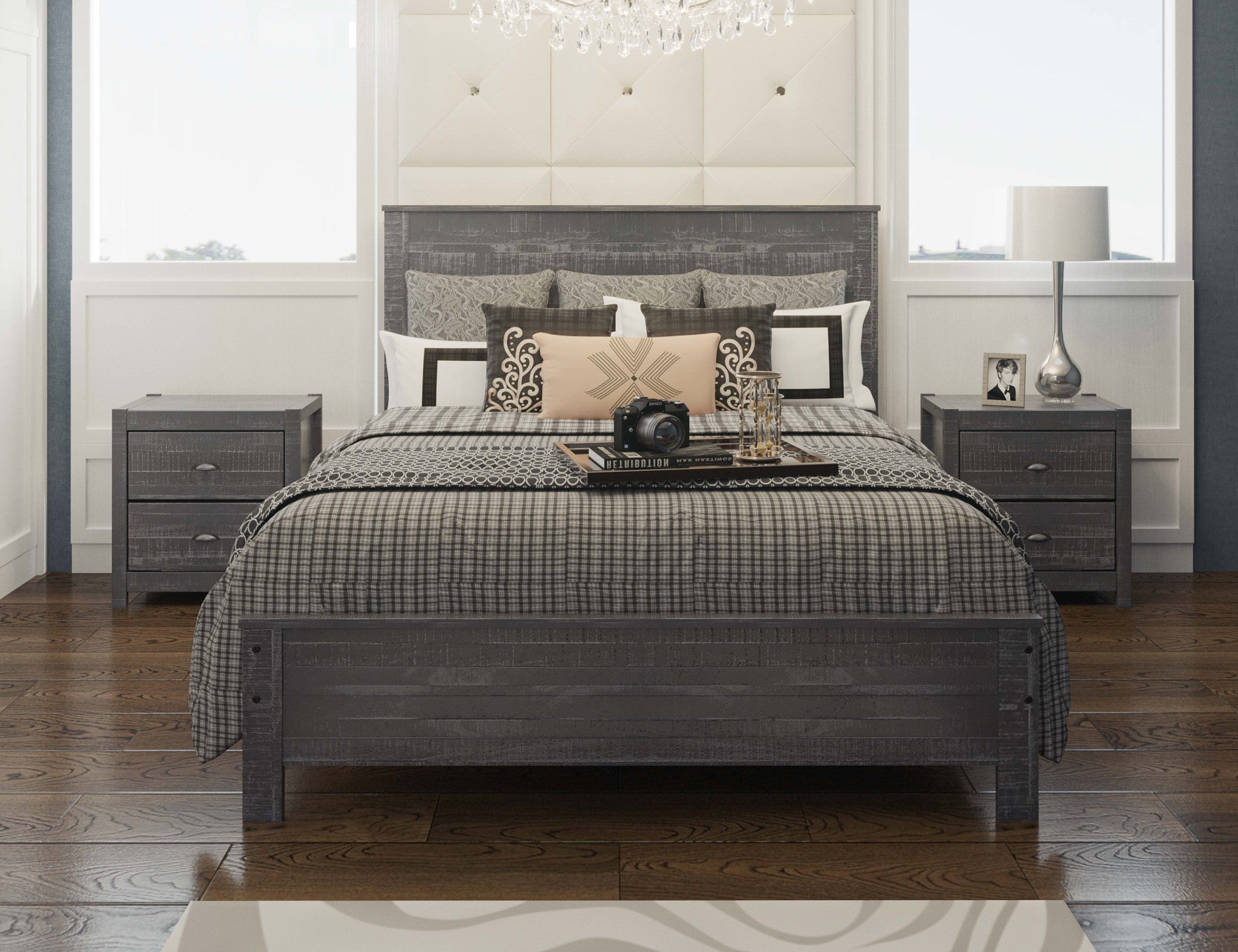 Grey Solid Wood Queen Bed Frame