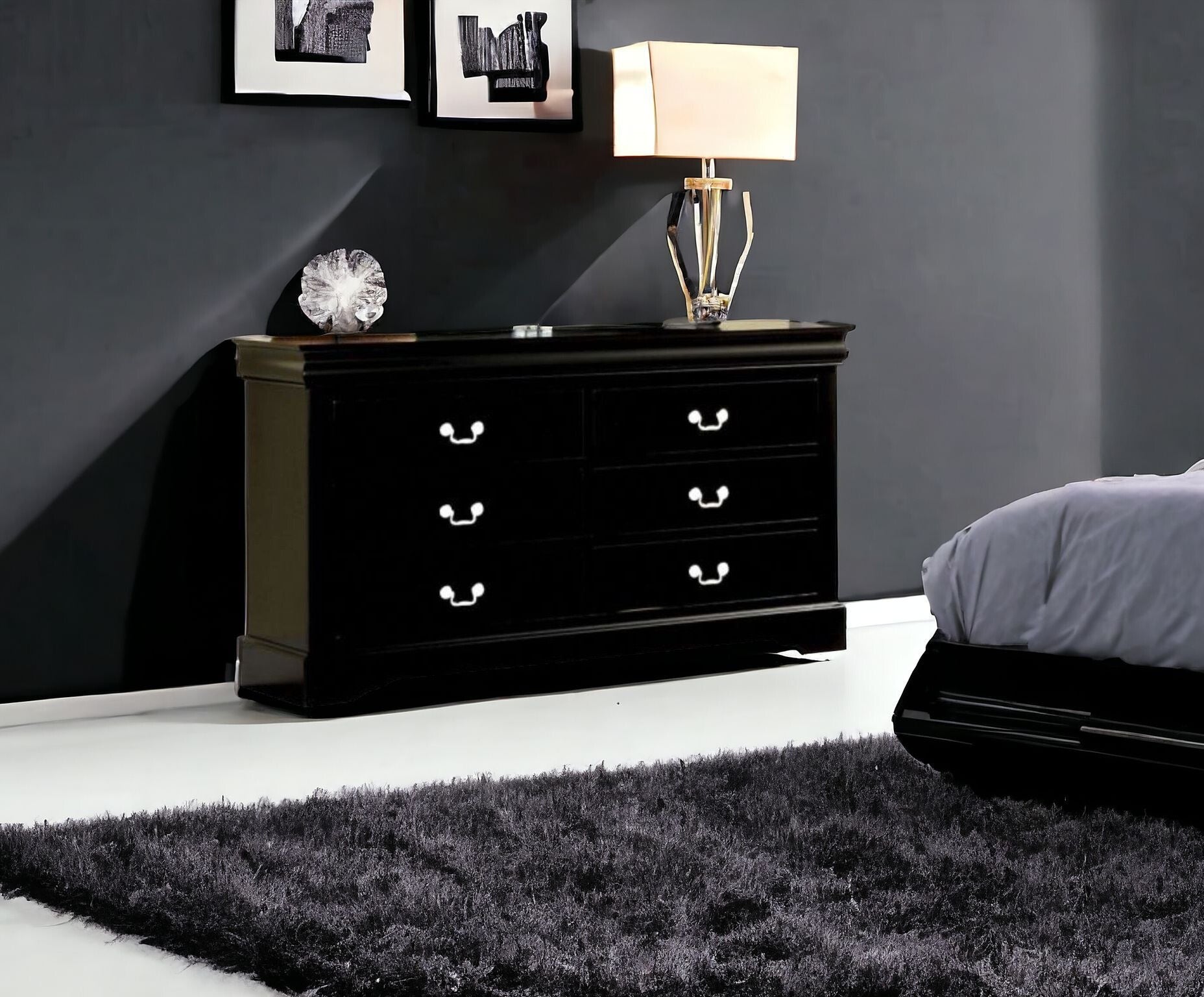 60" Black Manufactured Wood Six Drawer Double Dresser