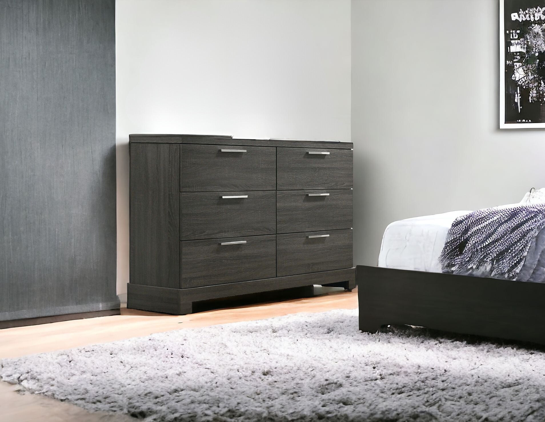 59" Gray Oak Manufactured Wood Six Drawer Double Dresser