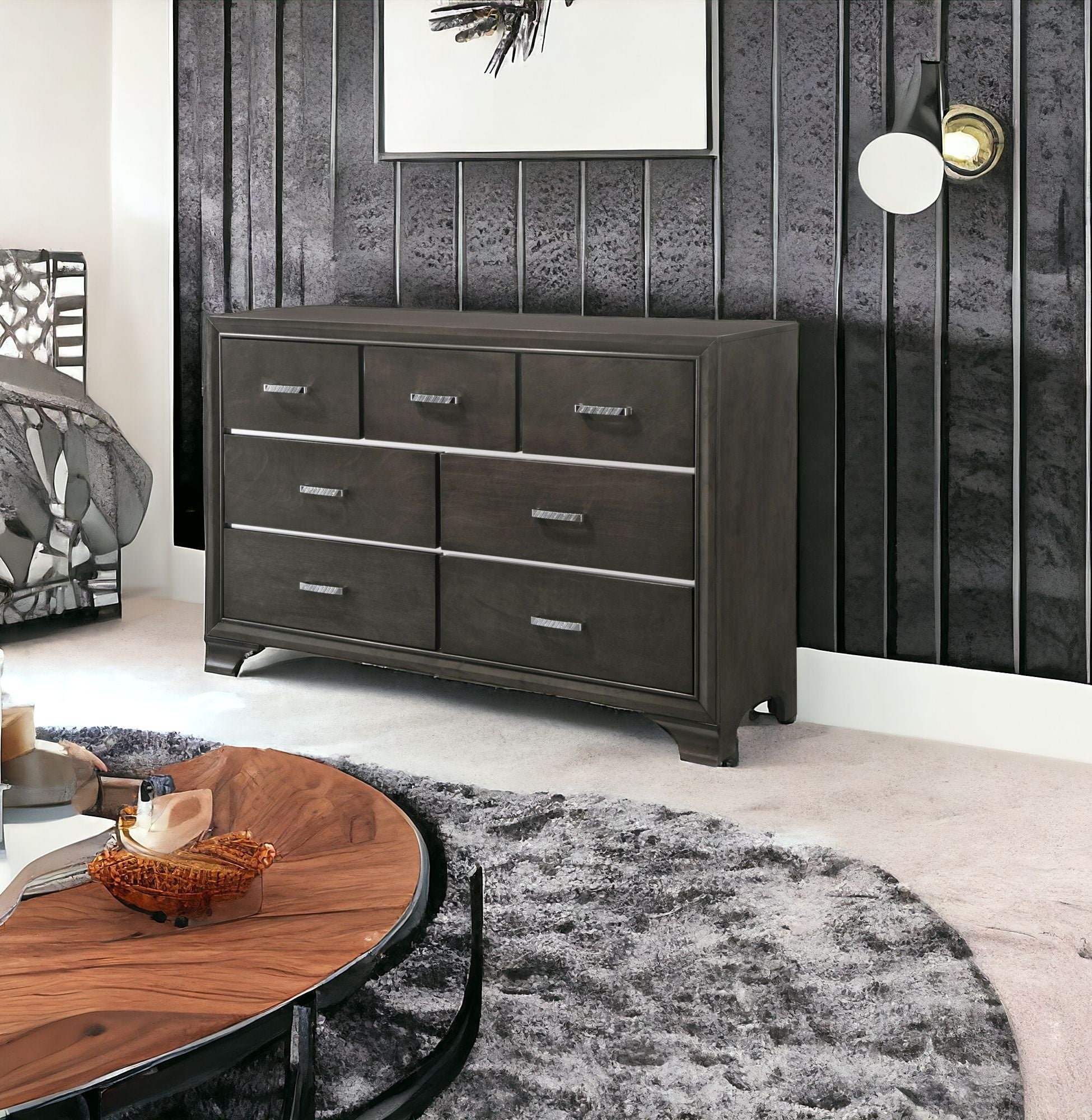 58" Gray Manufactured Wood Seven Drawer Triple Dresser