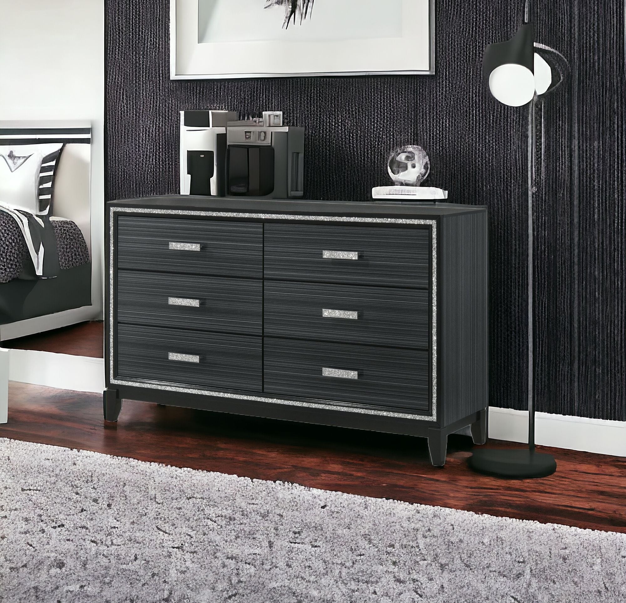 63" Weathered Black Manufactured Wood Six Drawer Standard Dresser