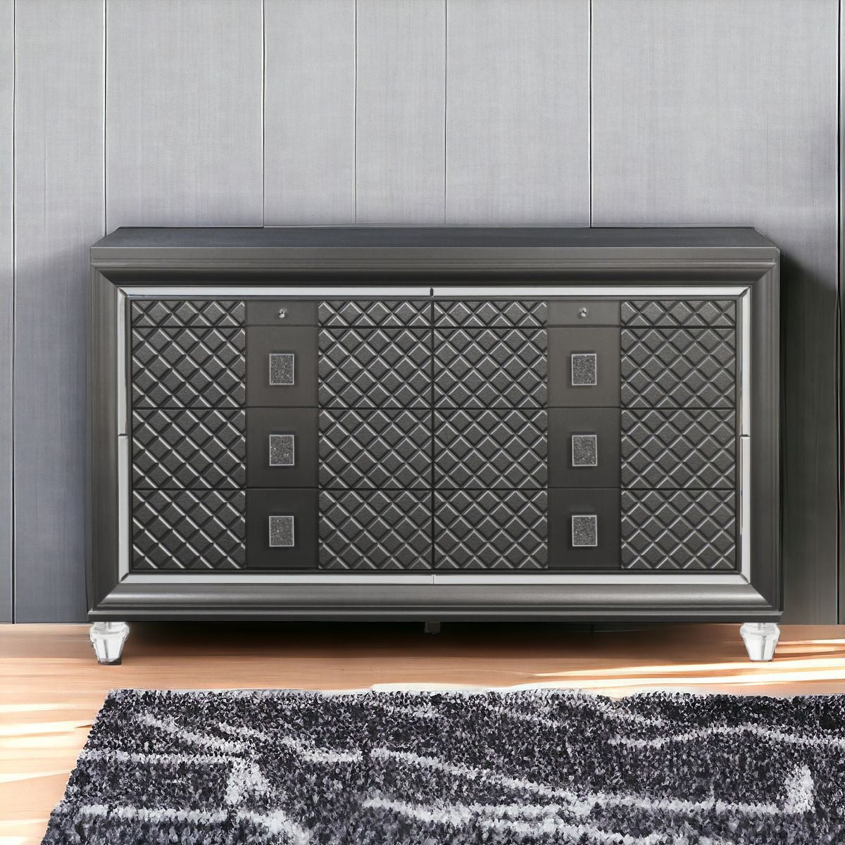 65" Metallic Gray Solid And Manufactured Wood Eight Drawer Standard Dresser