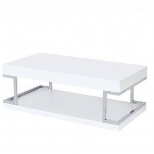 47" Chrome And White High Gloss Manufactured Wood And Metal Rectangular Coffee Table With Shelf