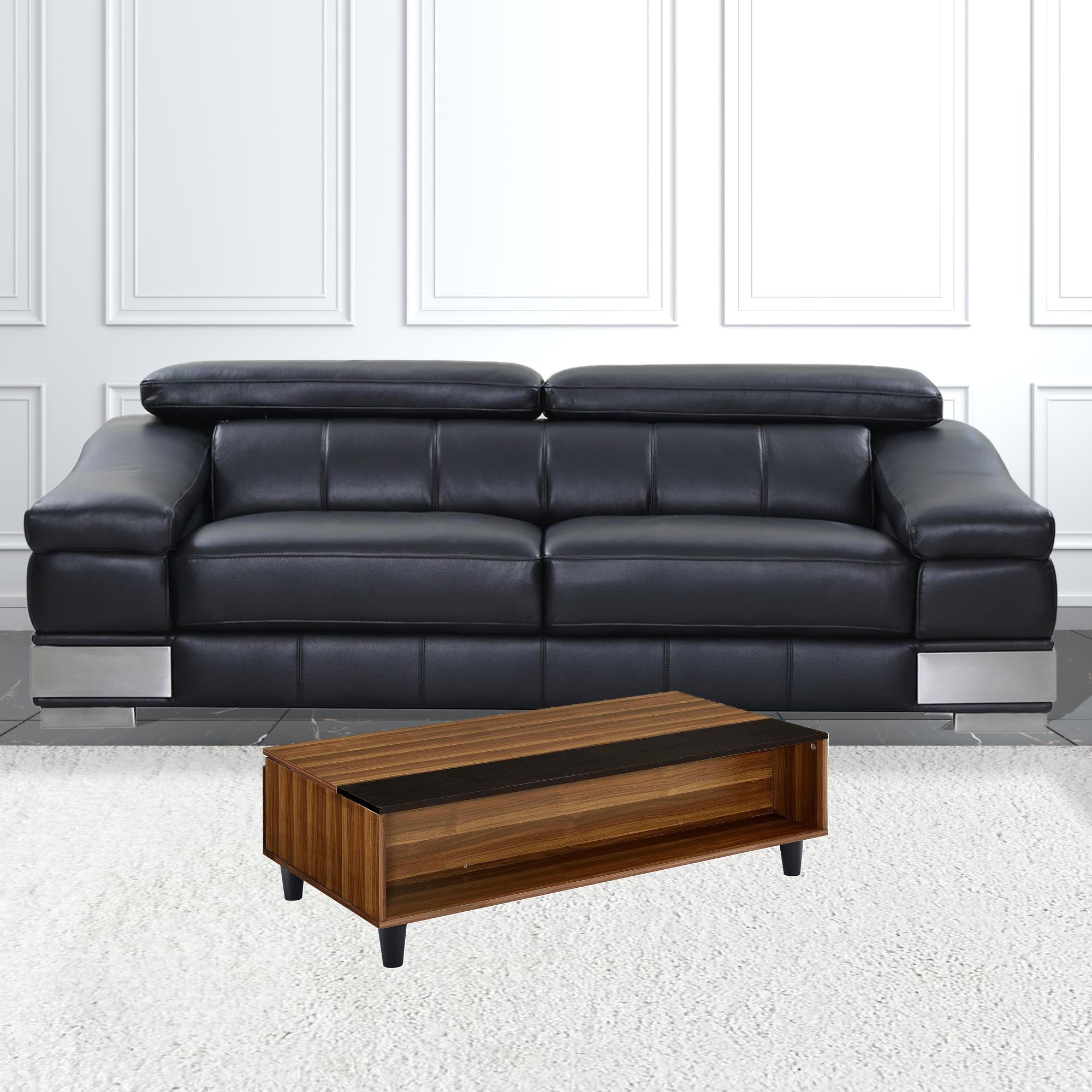 Walnut And Black Paper Veneer Rectangular Lift Top Coffee Table With Shelf 47"