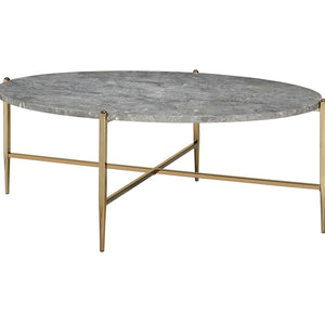 48" Champagne And Faux Marble Paper Veneer And Metal Oval Coffee Table
