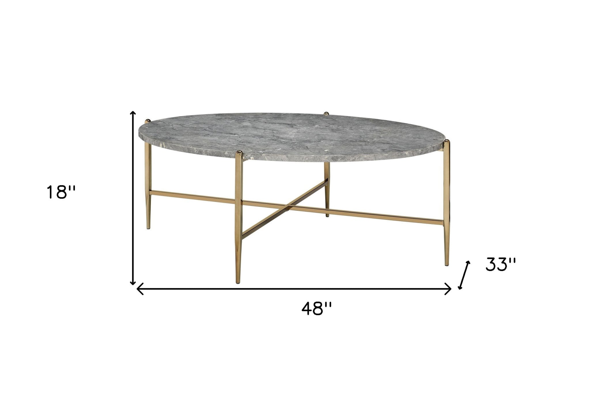 48" Champagne And Faux Marble Paper Veneer And Metal Oval Coffee Table