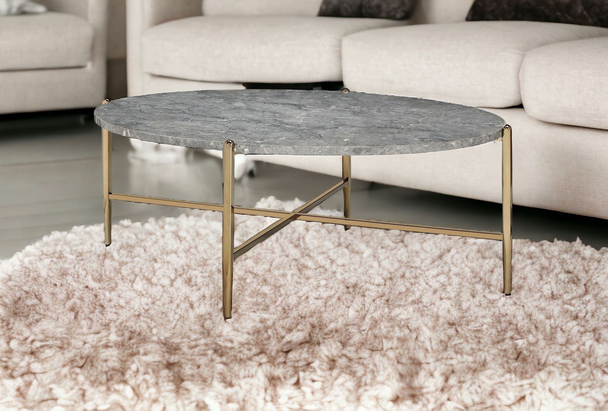 48" Champagne And Faux Marble Paper Veneer And Metal Oval Coffee Table