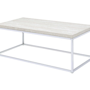 48" Chrome And White Oak Manufactured Wood And Metal Rectangular Coffee Table