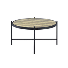 Mesa de centro redonda de madera manufacturada y vidrio negro y dorado de 35