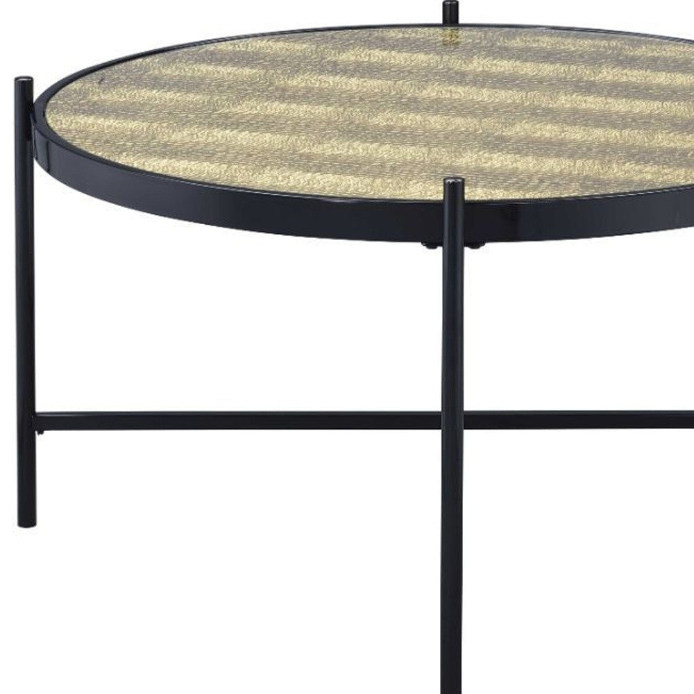 Mesa de centro redonda de madera manufacturada y vidrio negro y dorado de 35"