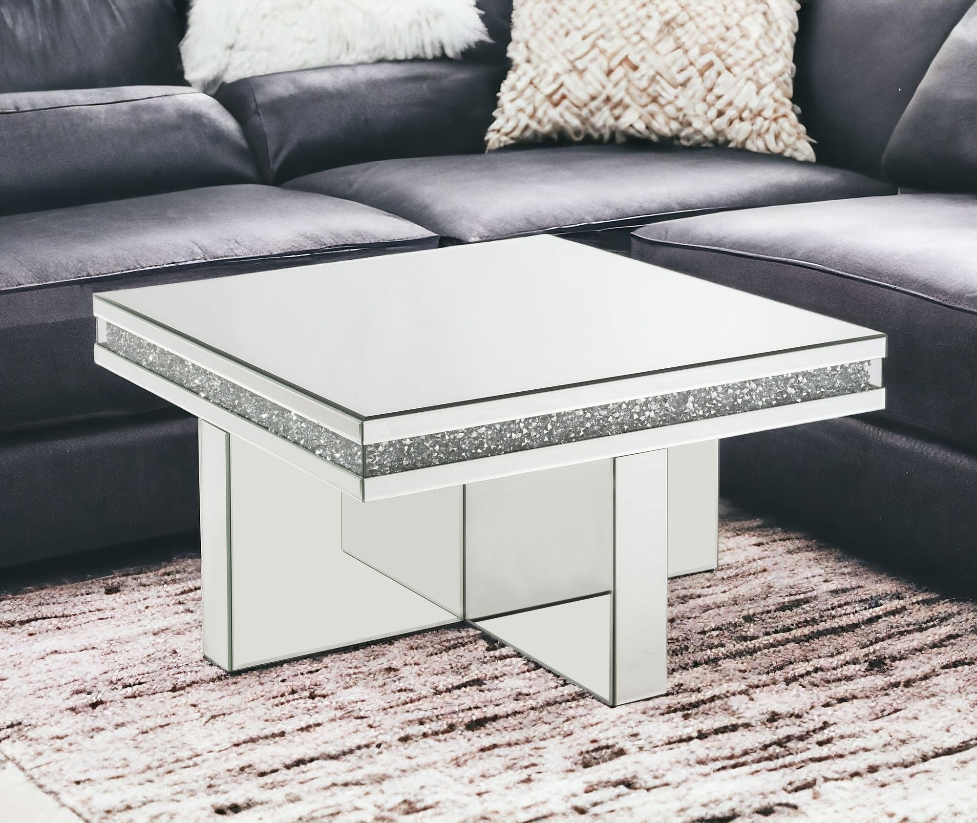 32" Silver Mirrored And Manufactured Wood Rectangular Mirrored Coffee Table
