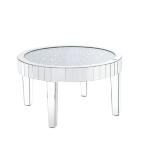 32" Silver And Clear Glass And Manufactured Wood Round Mirrored Coffee Table