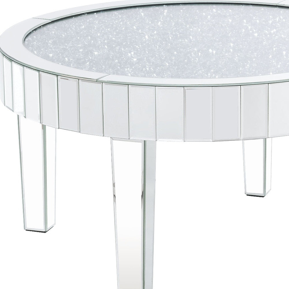 32" Silver And Clear Glass And Manufactured Wood Round Mirrored Coffee Table