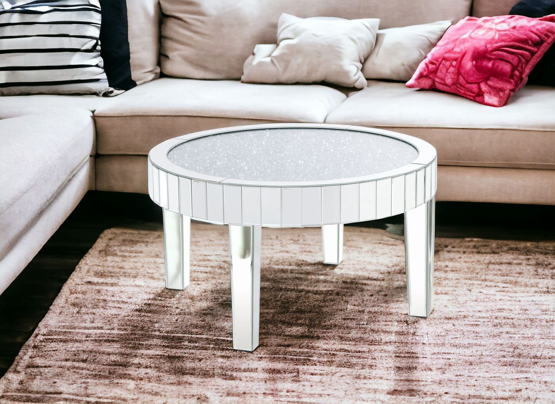 32" Silver And Clear Glass And Manufactured Wood Round Mirrored Coffee Table