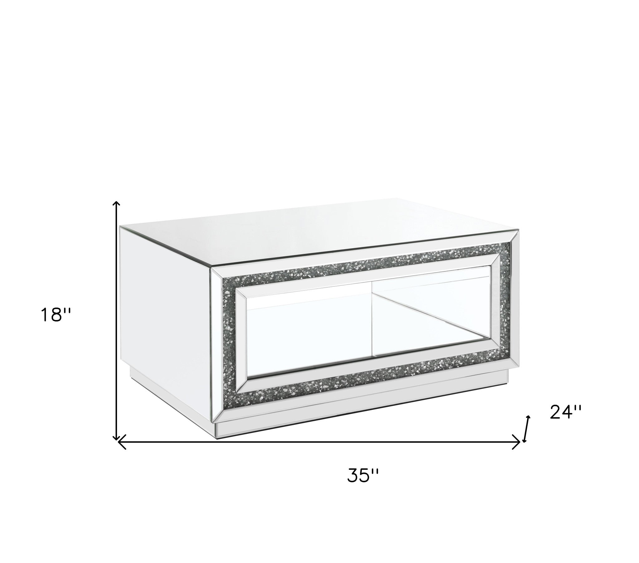 35" Silver Mirrored And Manufactured Wood Rectangular Mirrored Coffee Table With Shelf