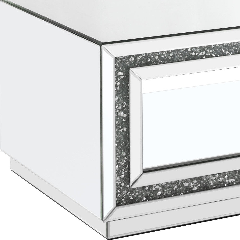 35" Silver Mirrored And Manufactured Wood Rectangular Mirrored Coffee Table With Shelf