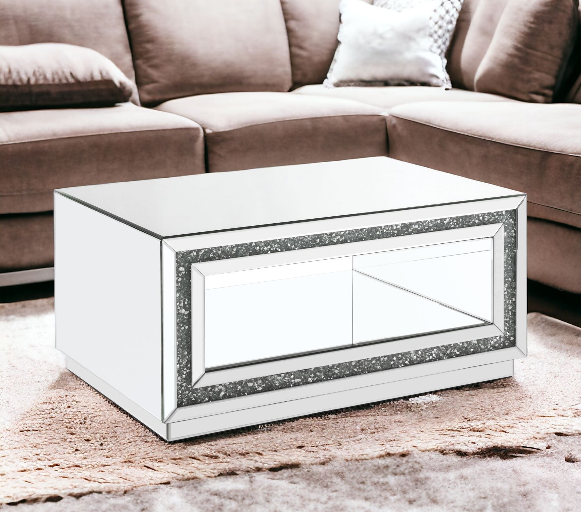 35" Silver Mirrored And Manufactured Wood Rectangular Mirrored Coffee Table With Shelf