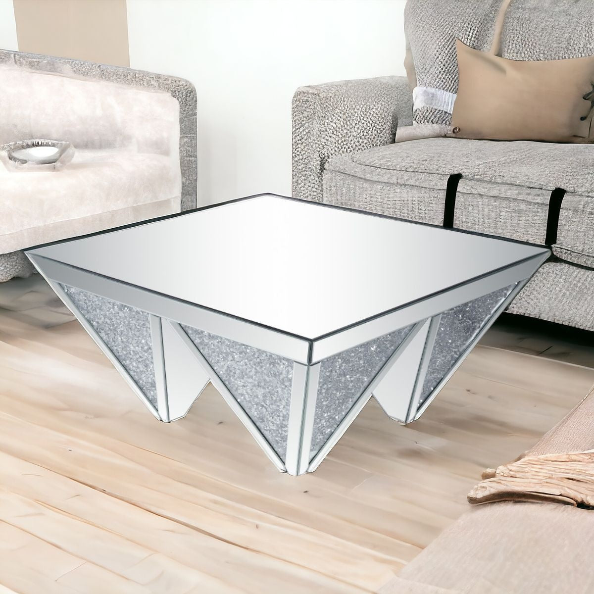 37" Mirrored Mirrored And Manufactured Wood Square Mirrored Coffee Table