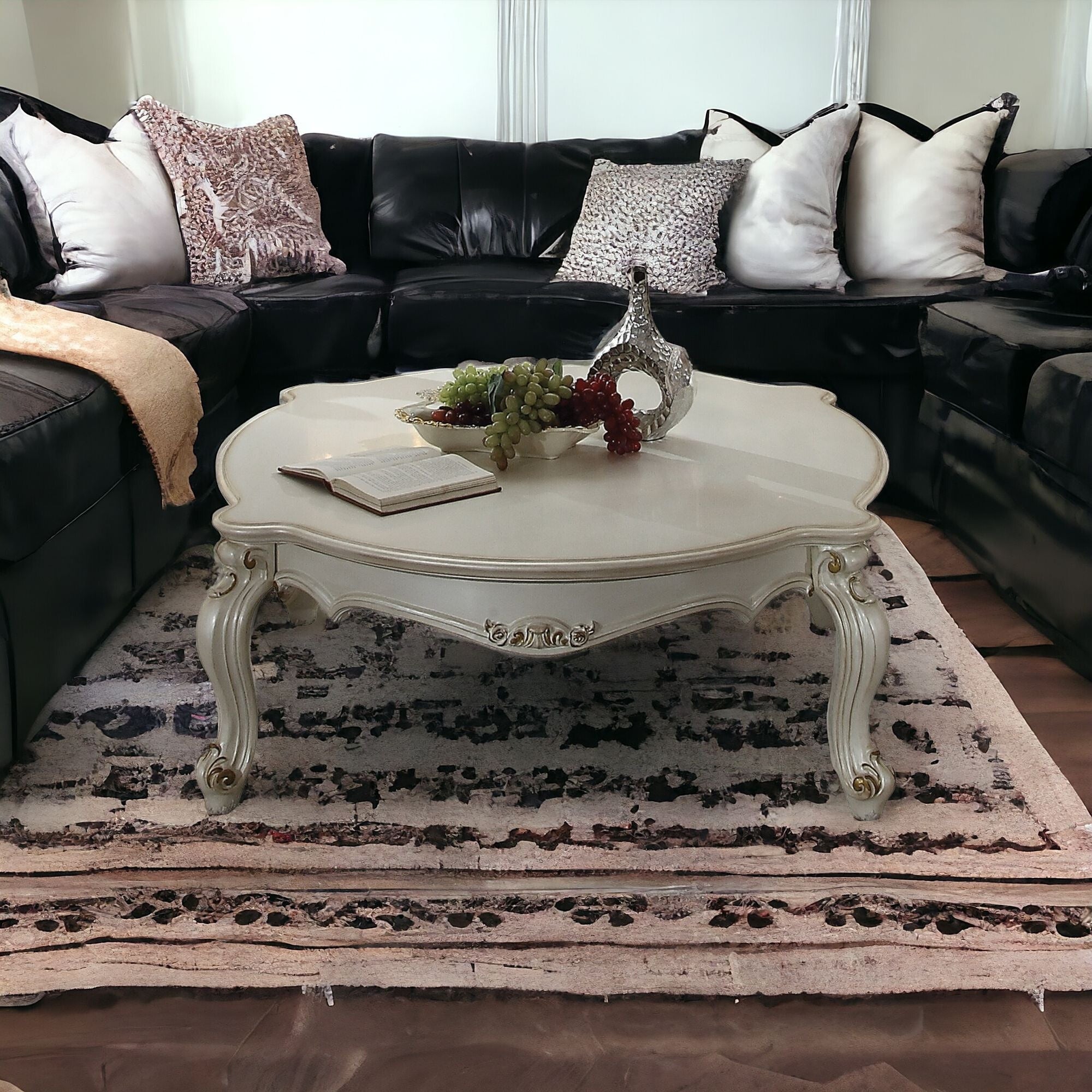 54" Antique Pearl Manufactured Wood And Polyresin Rectangular Coffee Table