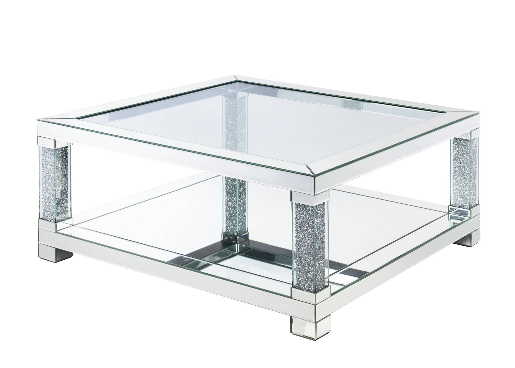 40" Mirrored And Clear Glass And Manufactured Wood Square Mirrored Coffee Table With Shelf
