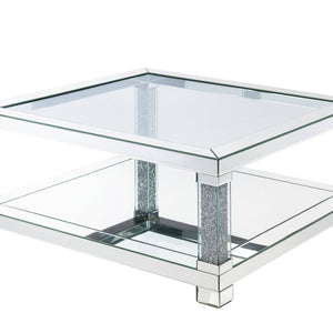 40" Mirrored And Clear Glass And Manufactured Wood Square Mirrored Coffee Table With Shelf
