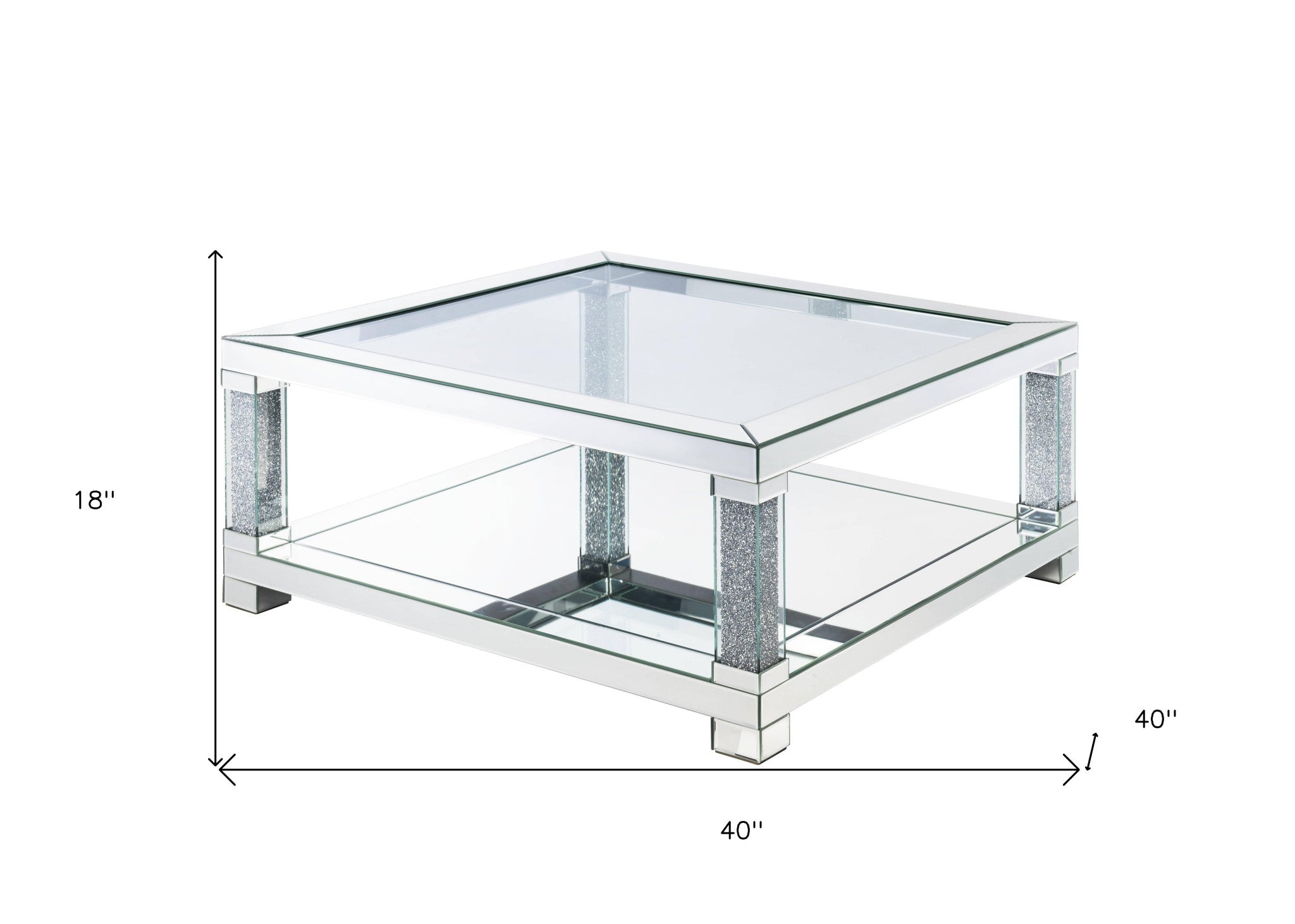 40" Mirrored And Clear Glass And Manufactured Wood Square Mirrored Coffee Table With Shelf