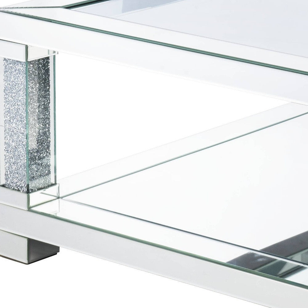 40" Mirrored And Clear Glass And Manufactured Wood Square Mirrored Coffee Table With Shelf