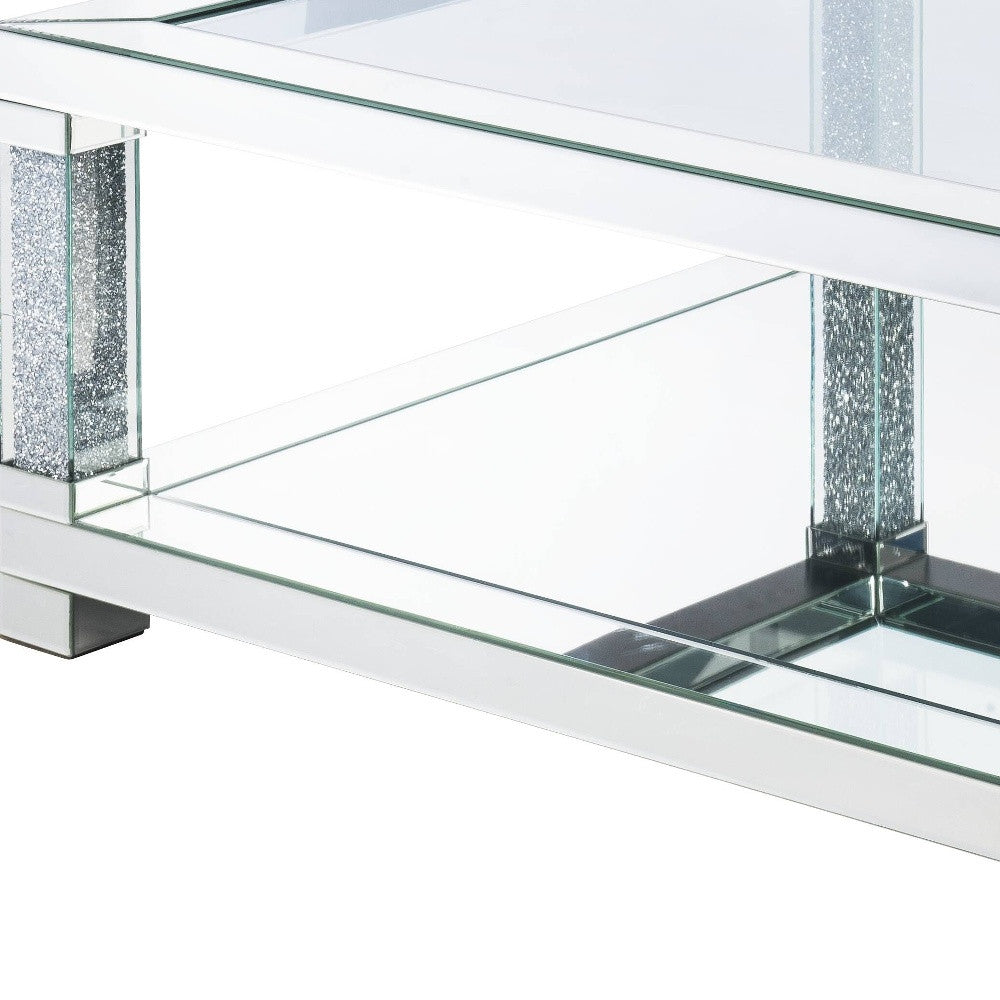 40" Mirrored And Clear Glass And Manufactured Wood Square Mirrored Coffee Table With Shelf