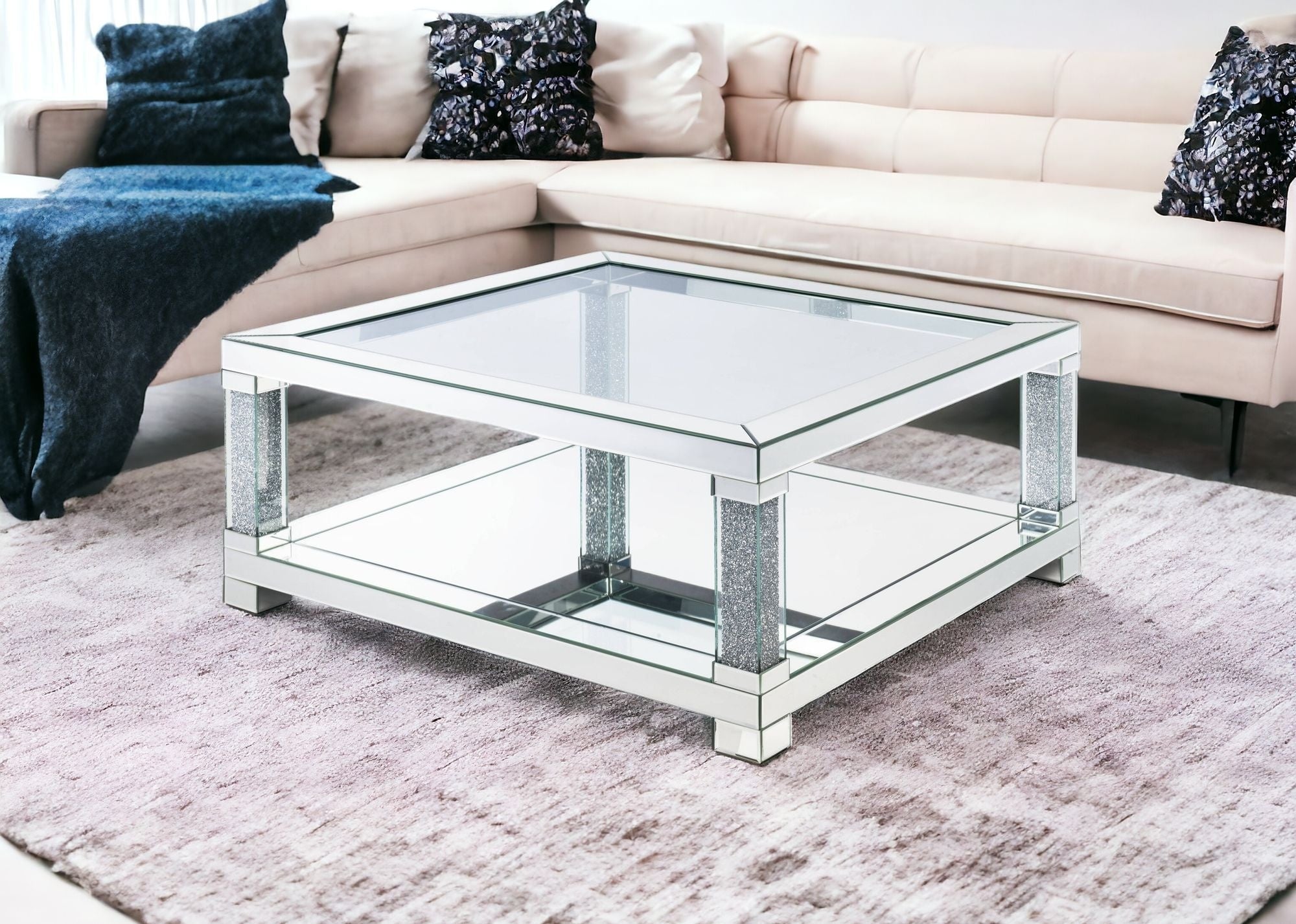40" Mirrored And Clear Glass And Manufactured Wood Square Mirrored Coffee Table With Shelf