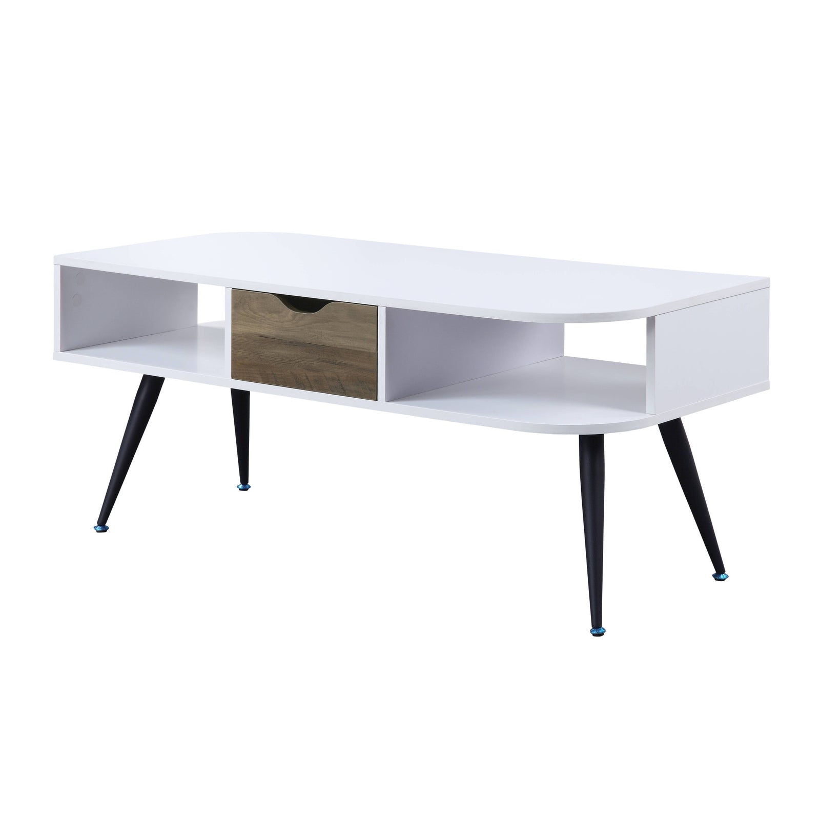 44" Black And White Melamine Veneer And Metal Rectangular Coffee Table With Drawer And Shelf