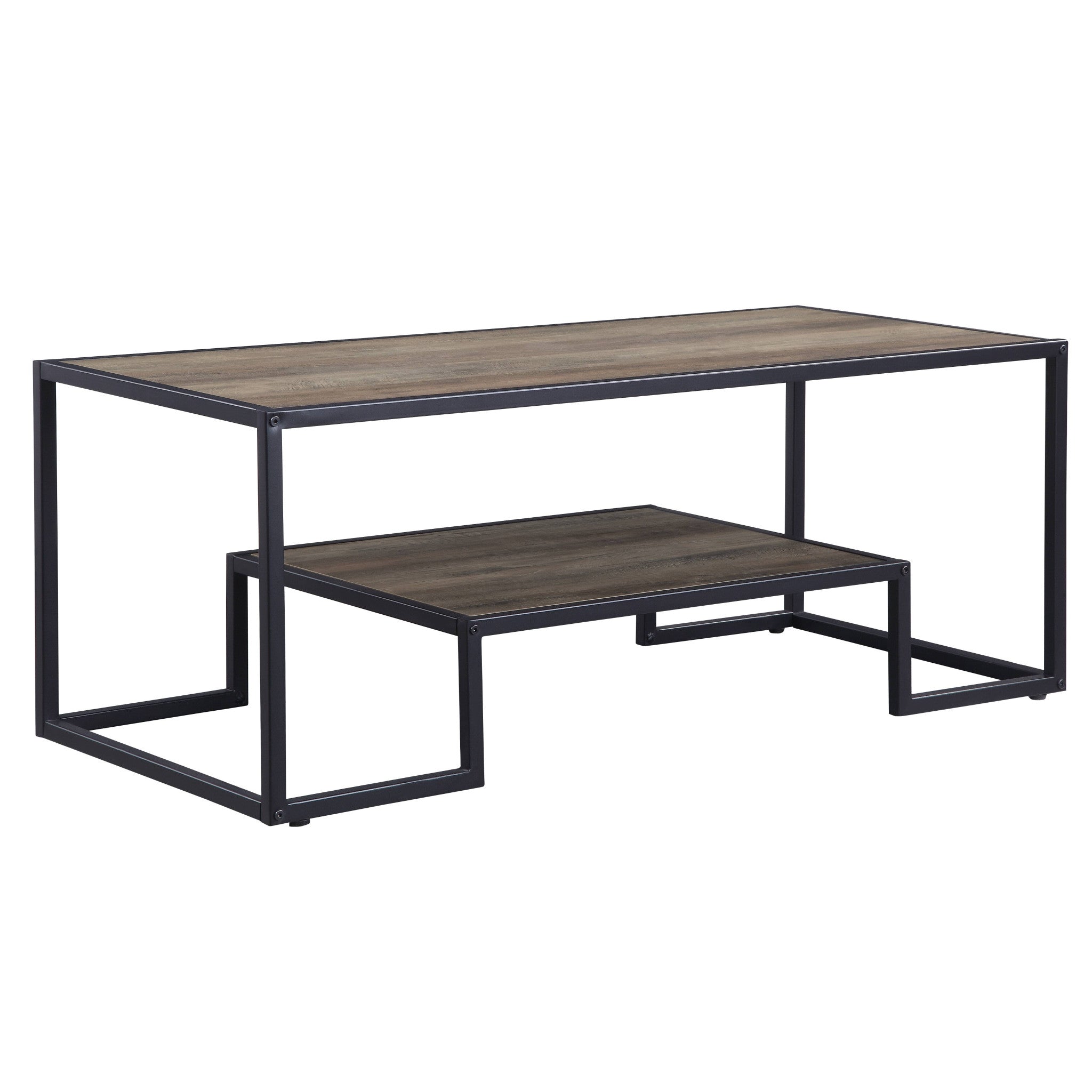 Mesa de centro rectangular de metal y chapa de roble rústico y negro de 45" con estante