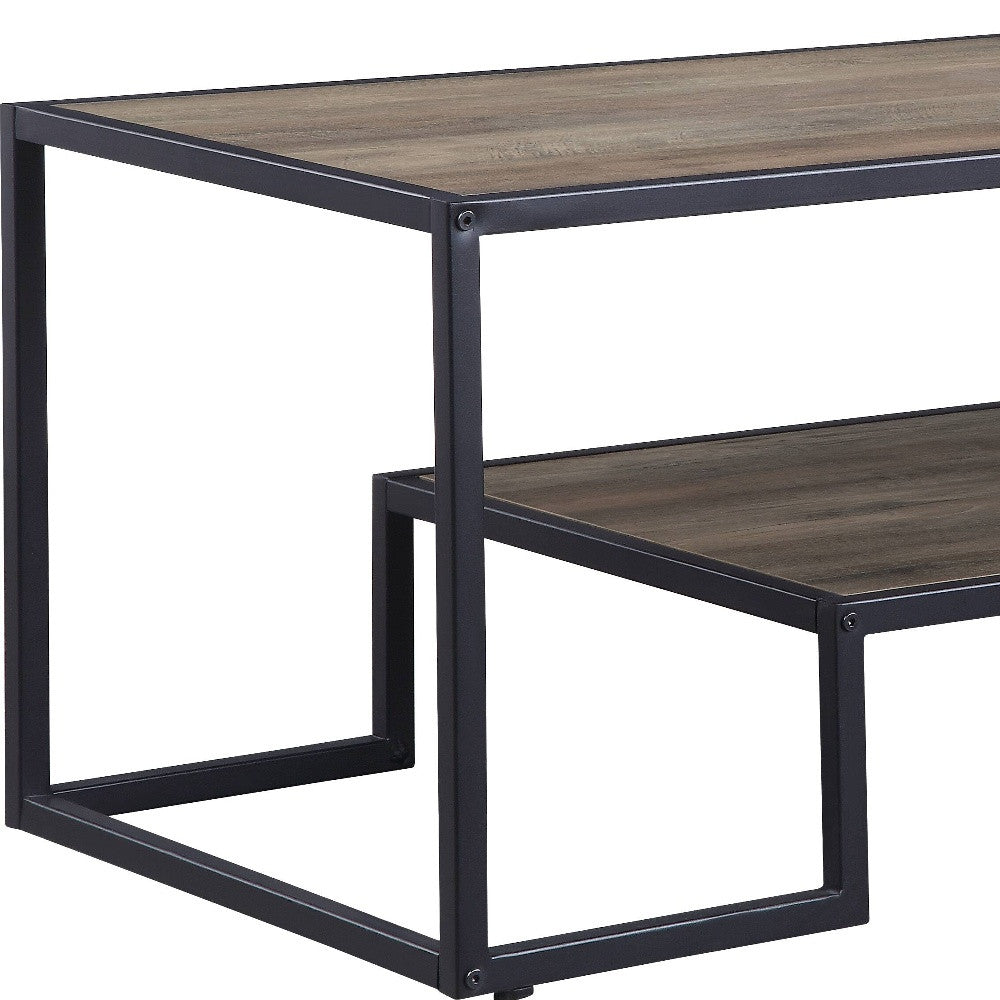 Mesa de centro rectangular de metal y chapa de roble rústico y negro de 45" con estante
