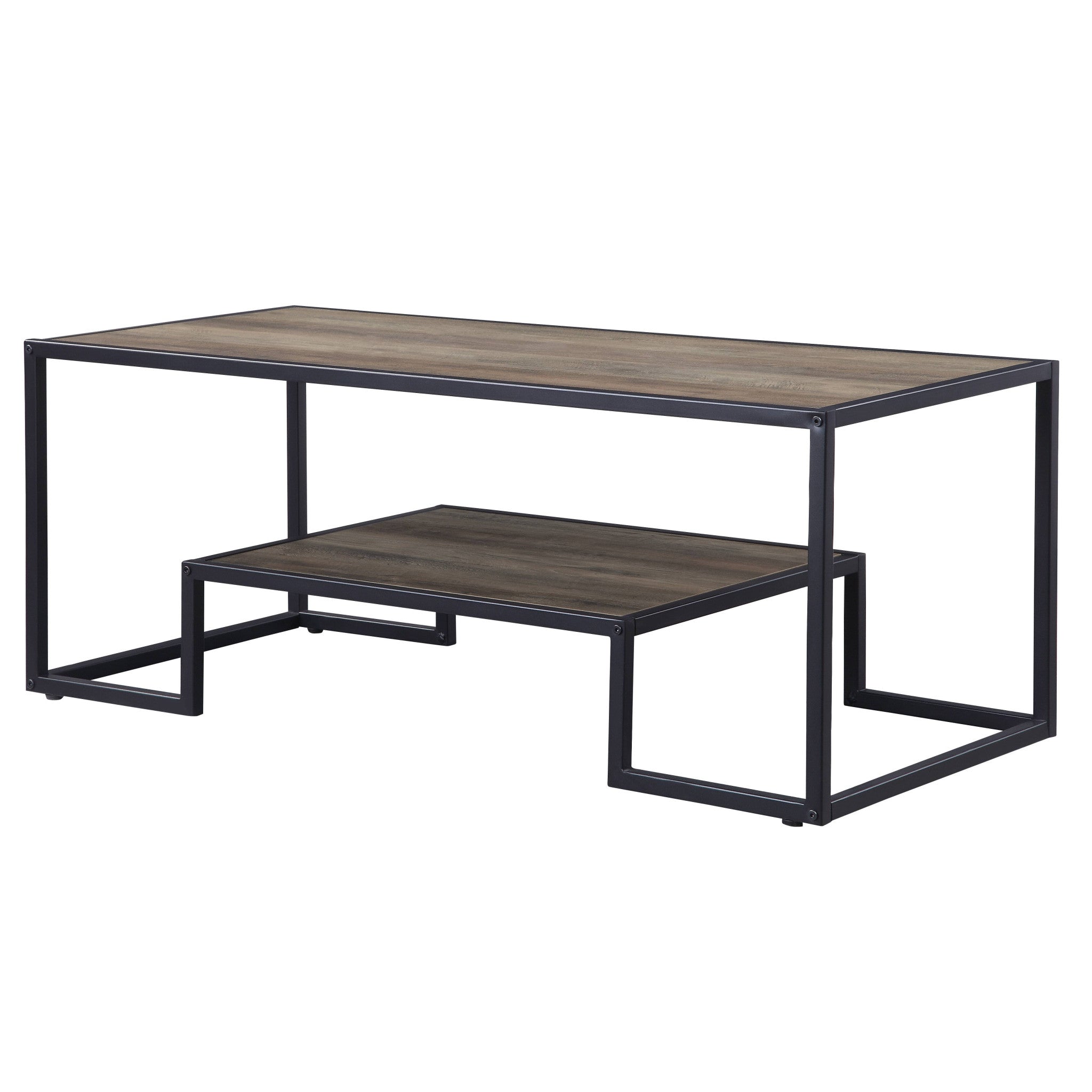 Mesa de centro rectangular de metal y chapa de roble rústico y negro de 45" con estante