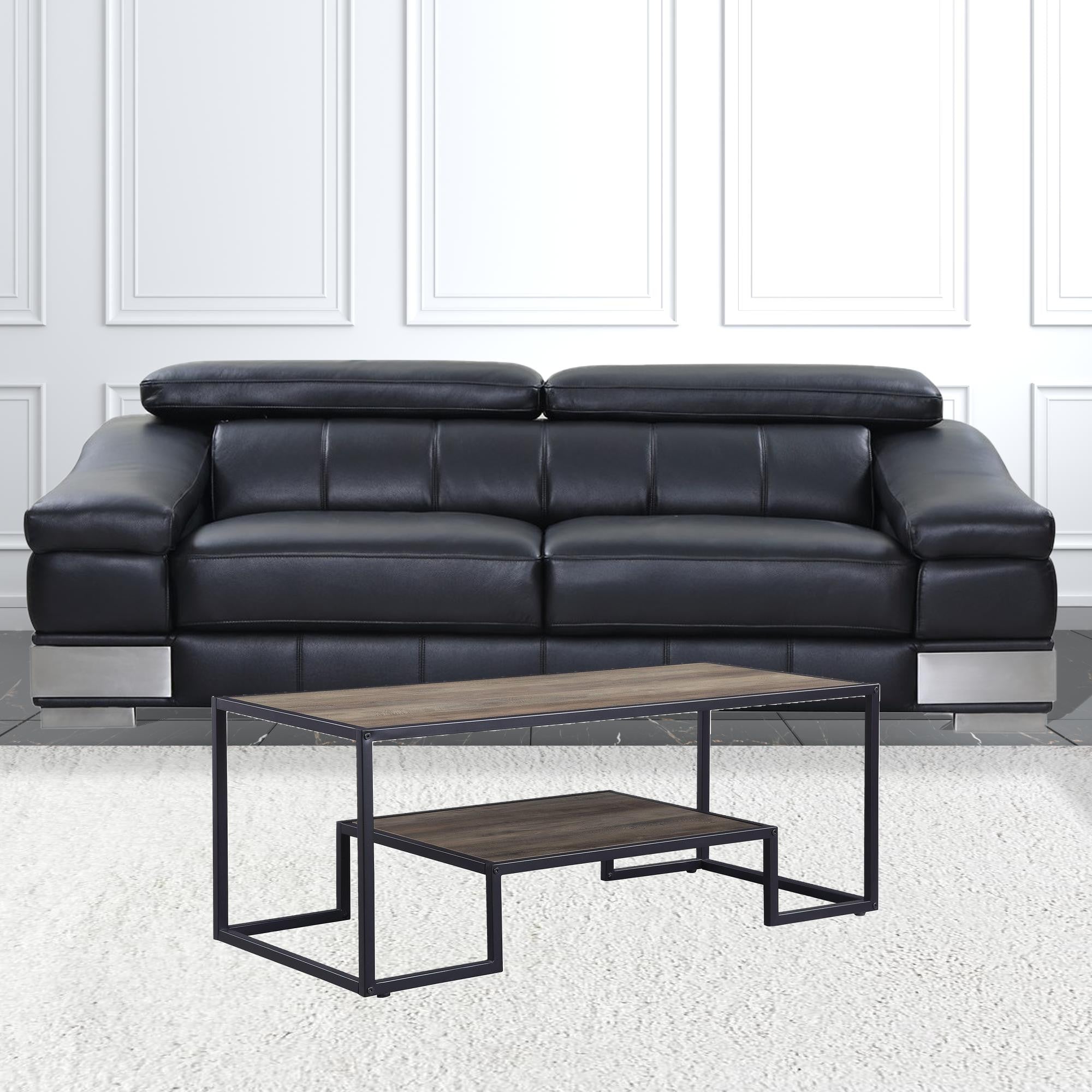 Mesa de centro rectangular de metal y chapa de roble rústico y negro de 45" con estante