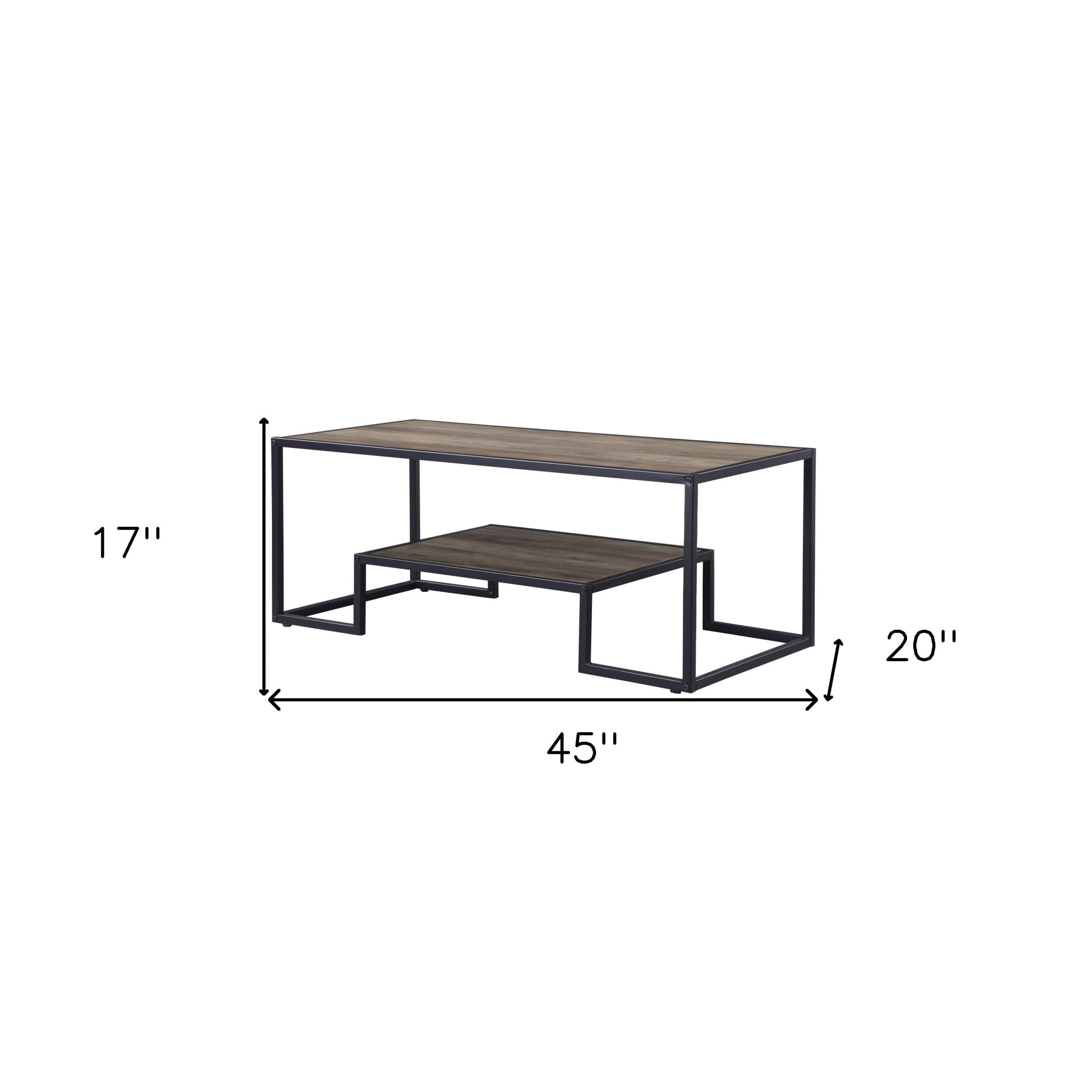 Mesa de centro rectangular de metal y chapa de roble rústico y negro de 45" con estante
