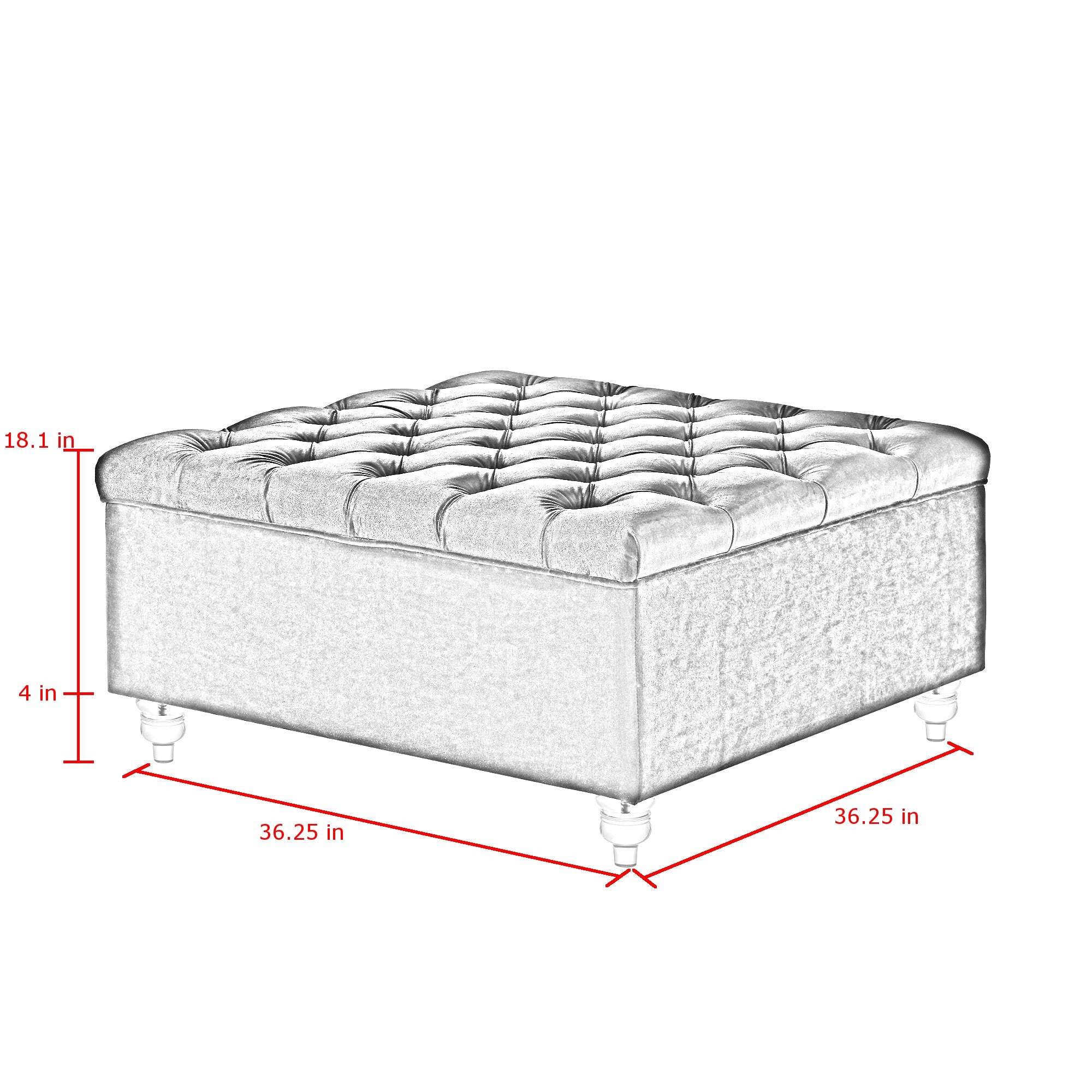 Terciopelo azul de 36" con otomana de almacenamiento capitoné blanco y transparente