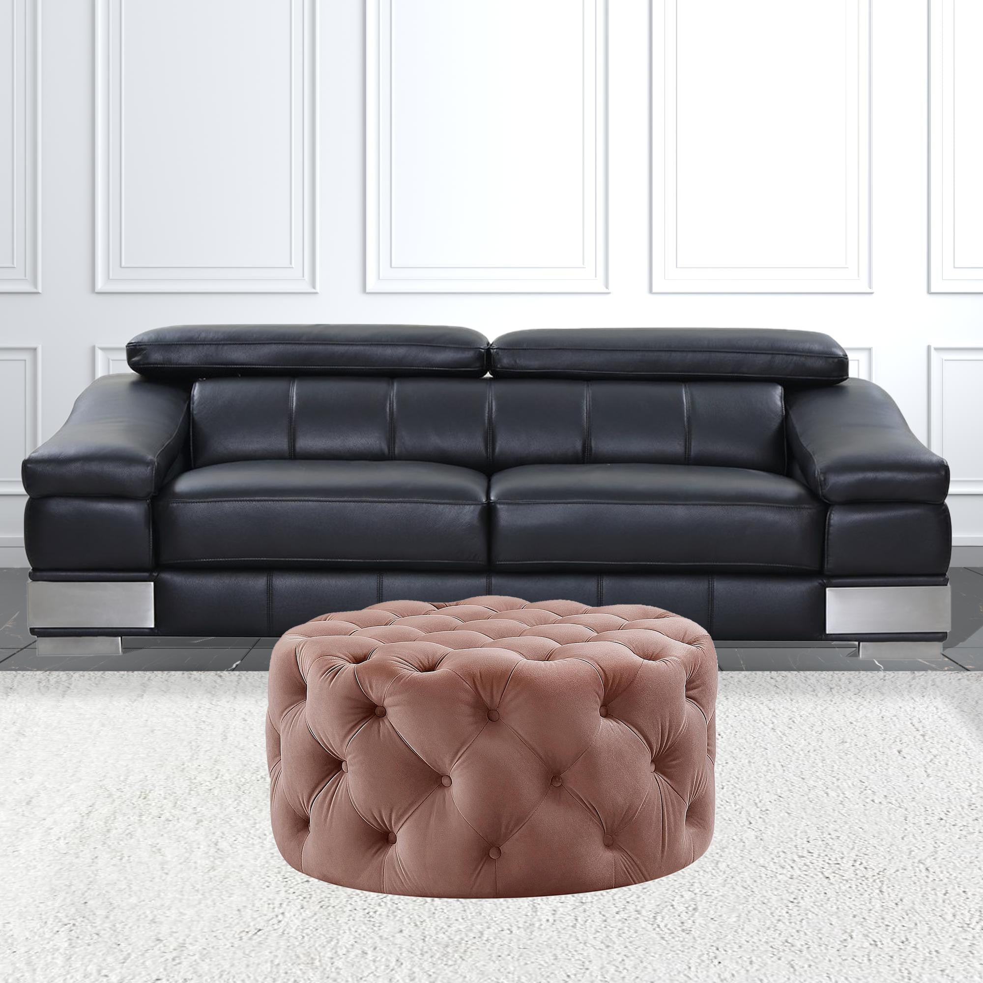 33" Blush Velvet With Black Tufted Round Cocktail Ottoman