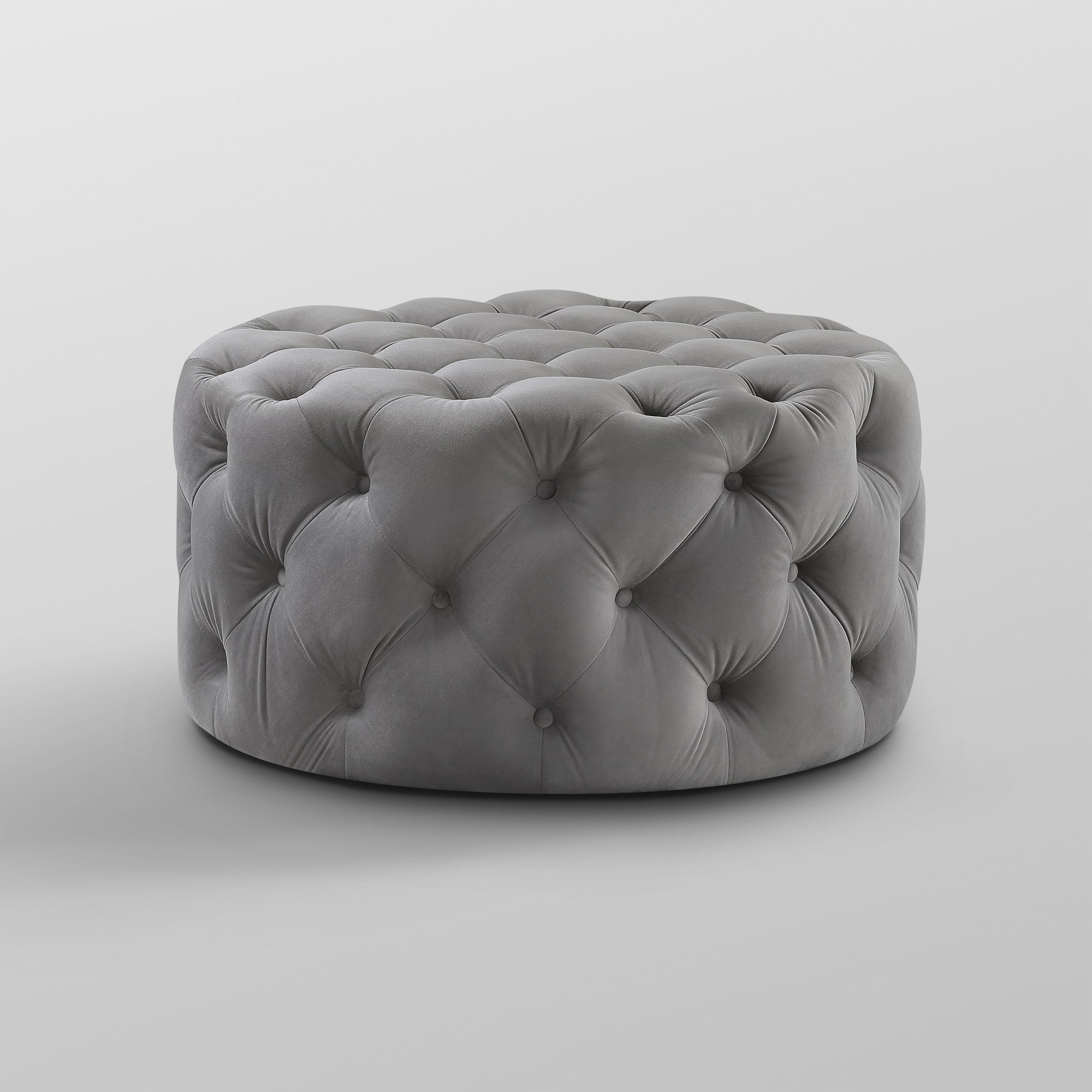 33" Grey Velvet With Black Tufted Round Cocktail Ottoman
