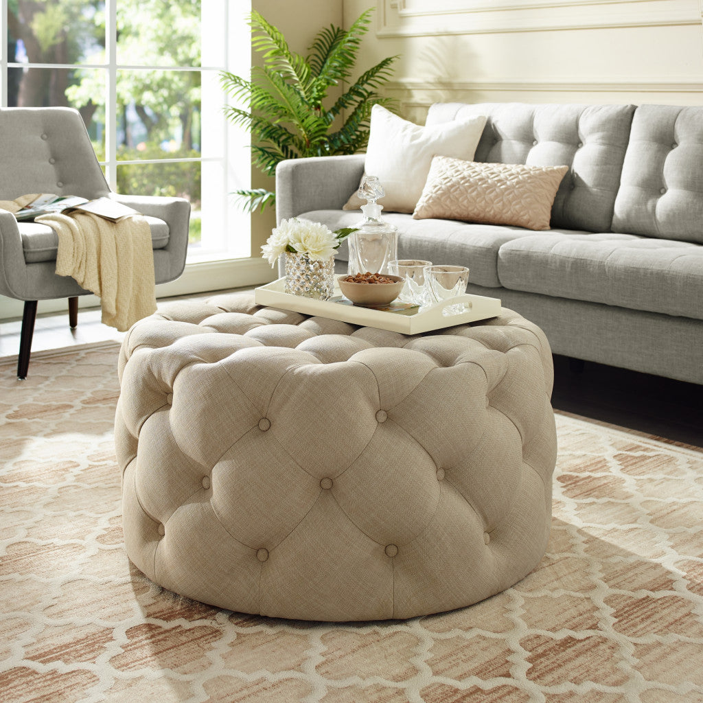 33" Beige 100% Linen With Black Tufted Round Cocktail Ottoman