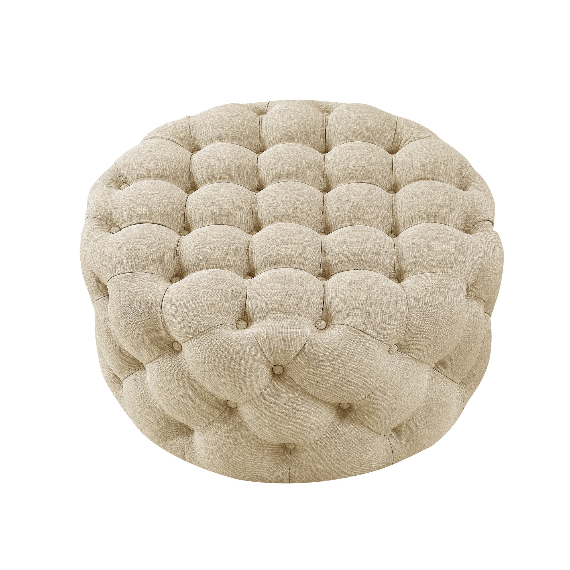 33" Beige 100% Linen With Black Tufted Round Cocktail Ottoman