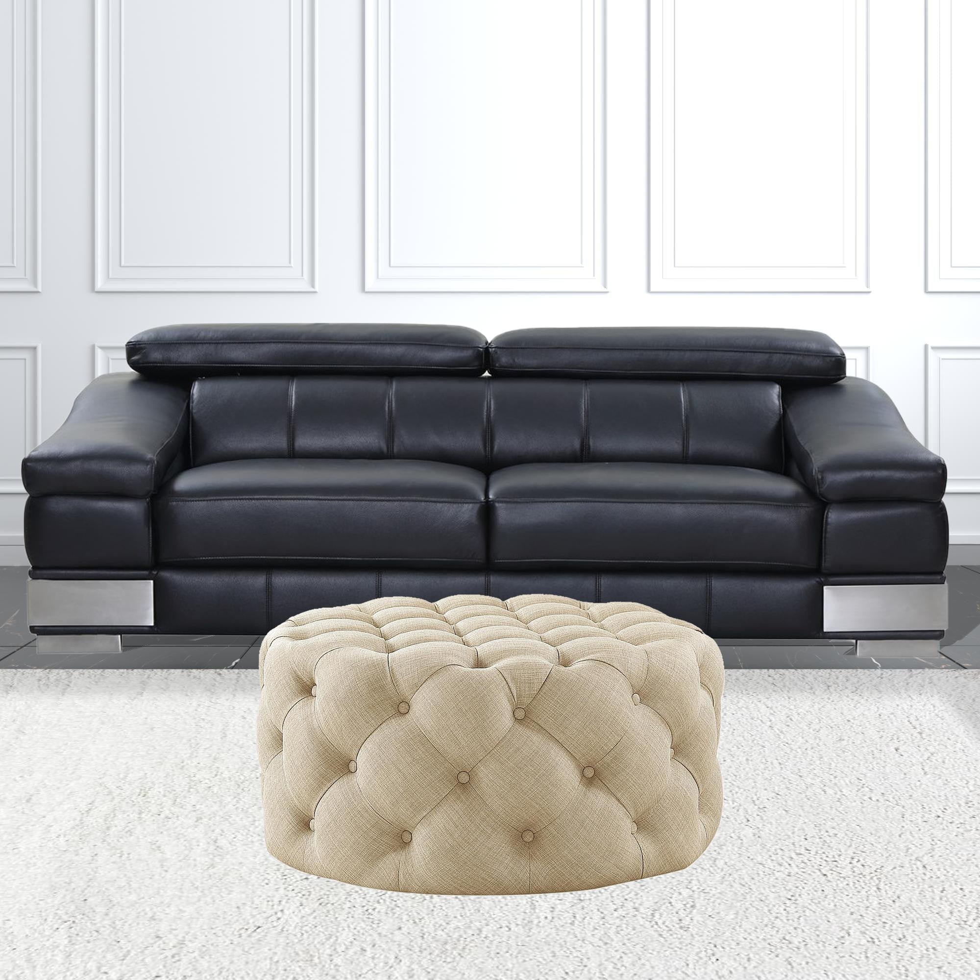 33" Beige 100% Linen With Black Tufted Round Cocktail Ottoman