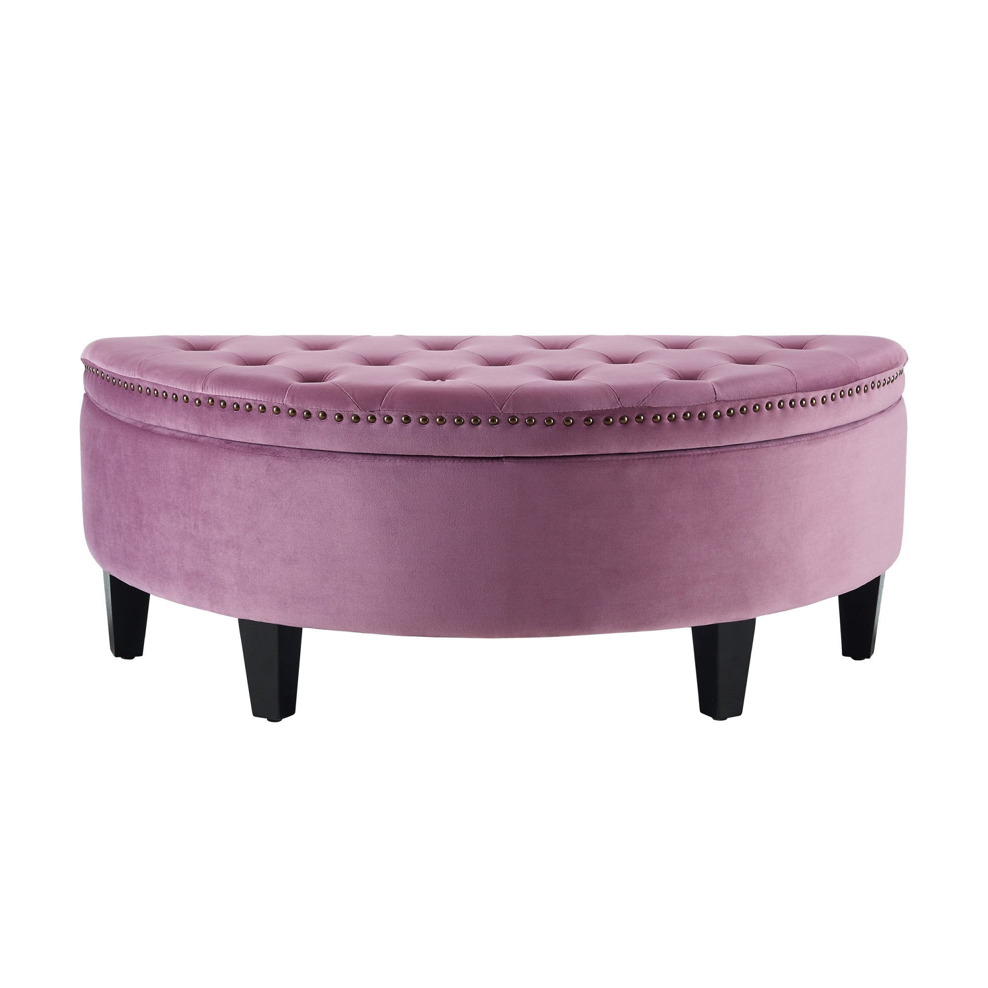 44" Mauve Velvet And Black Tufted Half Circle Storage Ottoman