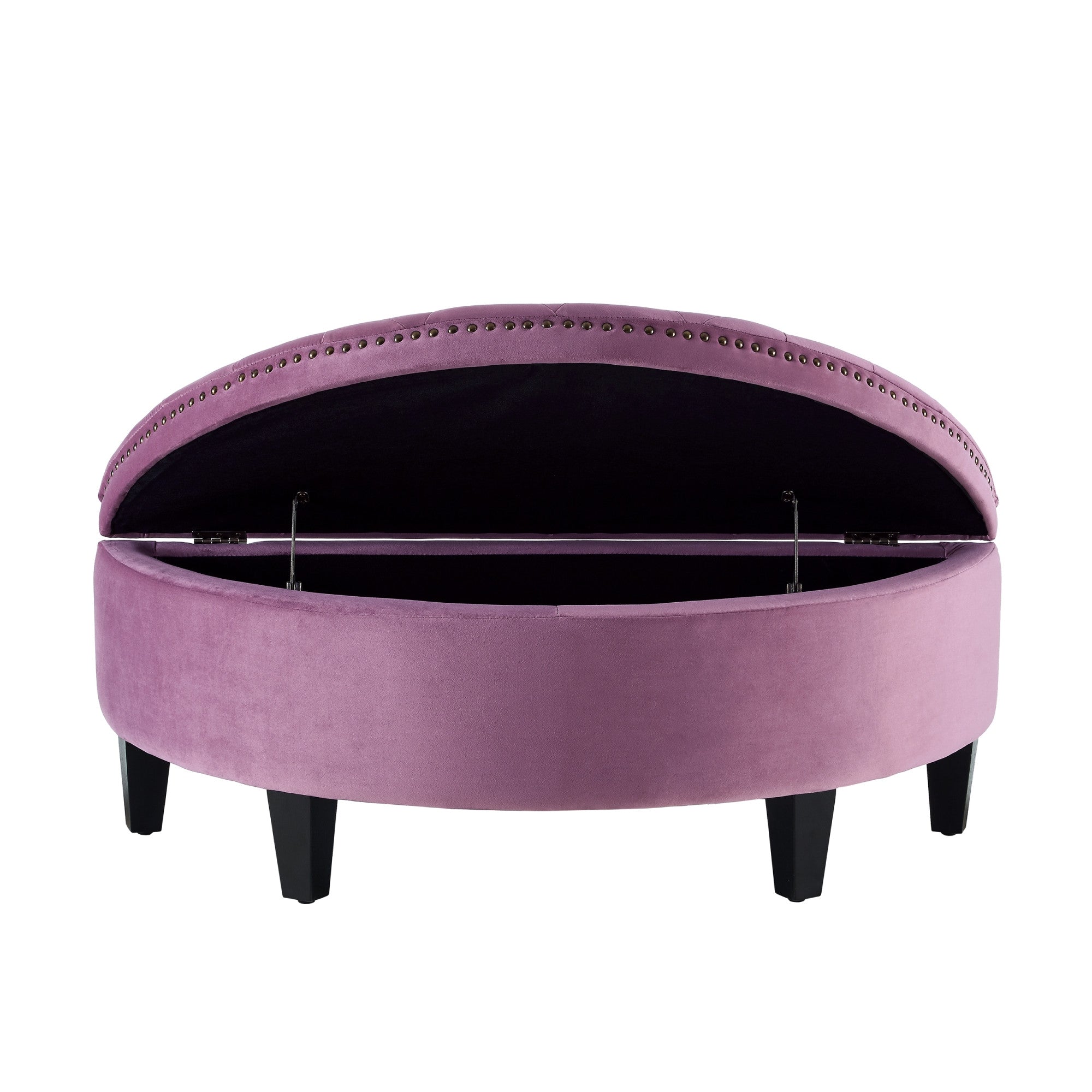 44" Mauve Velvet And Black Tufted Half Circle Storage Ottoman